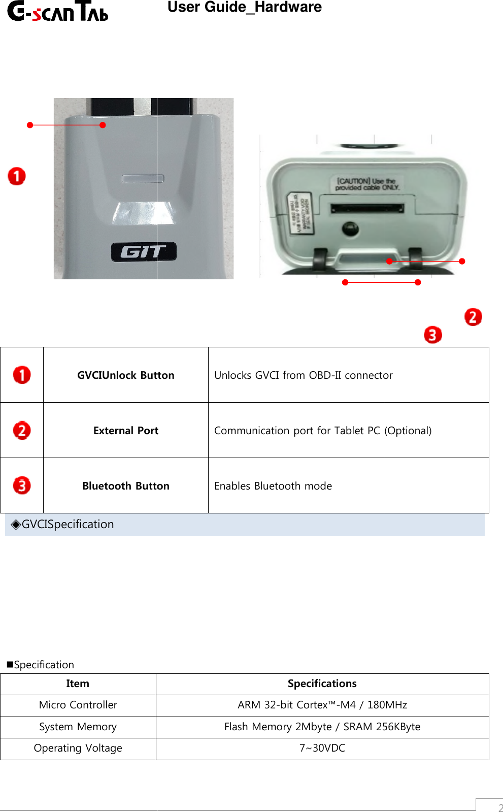 GVCIUnlock ButtonExternal PortBluetooth Button◈GVCISpecificationSpecificationItemMicro ControllerSystem MemoryOperating VoltageUser Guide_HardwareUnlock ButtonUnlocks GVCI from OBD-II connectorExternal PortCommunication port for Tablet PC(Optional)Bluetooth ButtonEnables Bluetooth modeSpecificationsARM 32-bit Cortex™-M4 / 180MHzFlash Memory 2Mbyte / SRAM2567~30VDC2II connector(Optional)0MHz256KByte