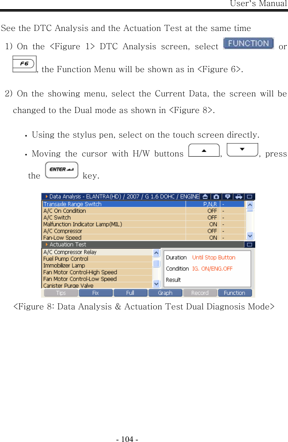 User’s Manual  - 104 -  See the DTC Analysis and the Actuation Test at the same time 1)  On  the  &lt;Figure  1&gt;  DTC  Analysis  screen,  select   or , the Function Menu will be shown as in &lt;Figure 6&gt;.  2) On the showing menu, select the Current Data, the screen will be changed to the Dual mode as shown in &lt;Figure 8&gt;.     Using the stylus pen, select on the touch screen directly.    Moving  the  cursor  with  H/W  buttons  ,  ,  press the   key.   &lt;Figure 8: Data Analysis &amp; Actuation Test Dual Diagnosis Mode&gt;  