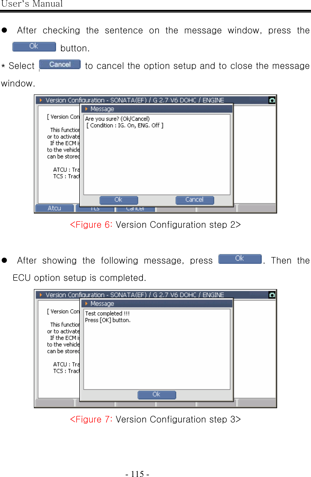 User’s Manual  - 115 -    z   After  checking  the  sentence  on  the  message  window,  press  the   button. * Select     to cancel the option setup and to close the message window.    &lt;Figure 6: Version Configuration step 2&gt;  z  After showing the following message, press  .  Then  the ECU option setup is completed.  &lt;Figure 7: Version Configuration step 3&gt;    