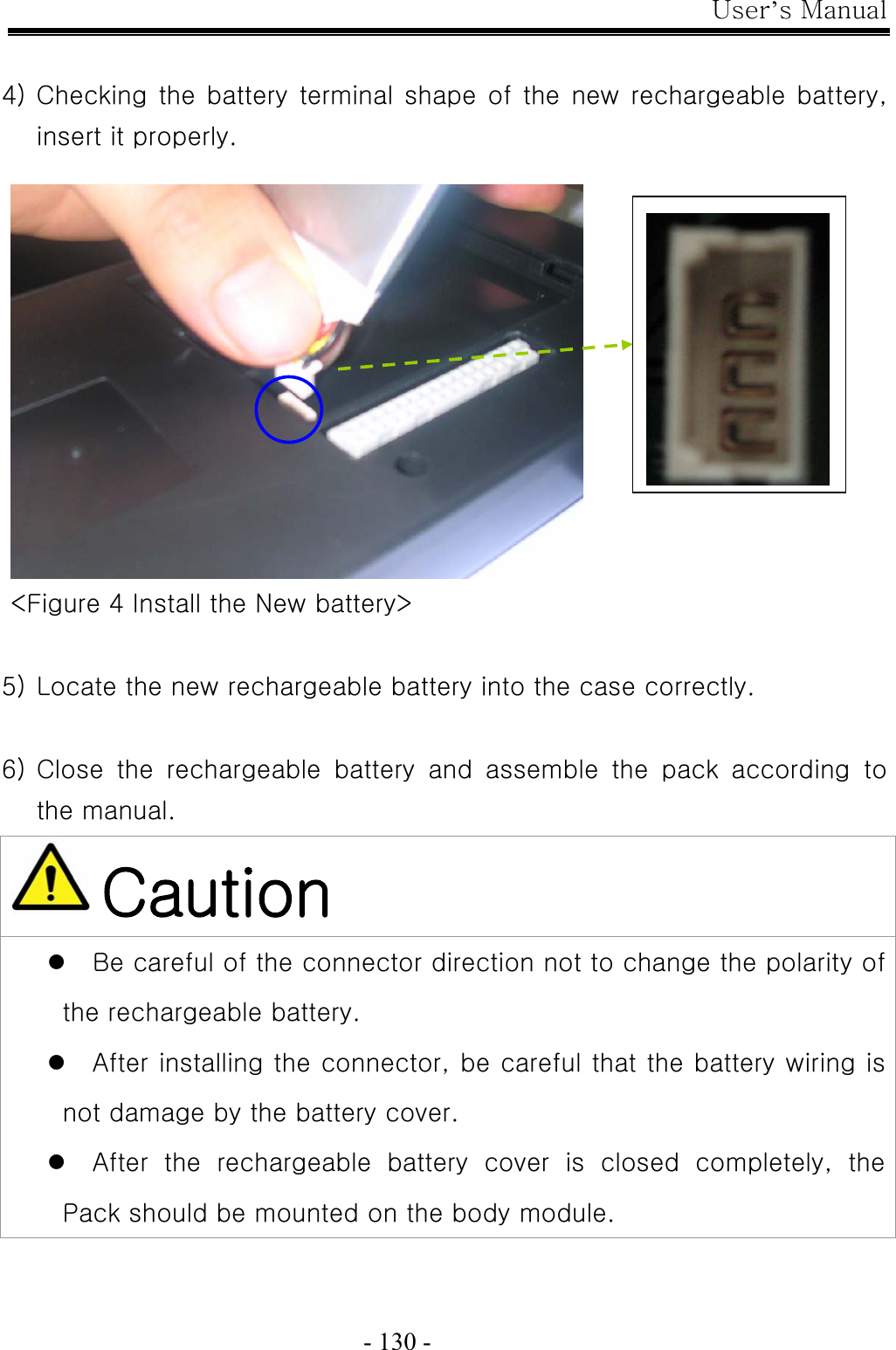 User’s Manual  - 130 -   4) Checking the battery  terminal shape of the  new rechargeable battery, insert it properly.   &lt;Figure 4 Install the New battery&gt;  5) Locate the new rechargeable battery into the case correctly.  6) Close  the  rechargeable  battery  and  assemble  the  pack  according  to the manual.  Caution z Be careful of the connector direction not to change the polarity of the rechargeable battery. z After installing the connector, be careful that the battery wiring is not damage by the battery cover. z After  the  rechargeable  battery  cover  is  closed  completely,  the Pack should be mounted on the body module.  