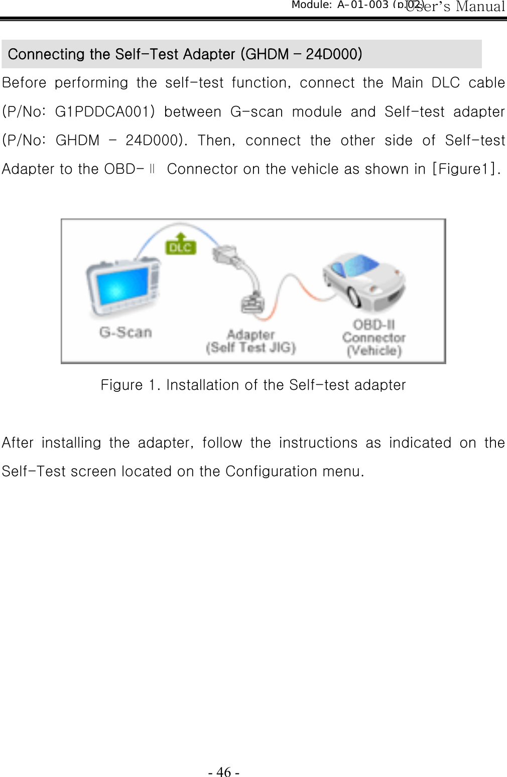 User’s Manual  - 46 -  Before  performing  the  self-test  function,  connect  the  Main  DLC  cable (P/No:  G1PDDCA001)  between  G-scan  module  and  Self-test  adapter (P/No:  GHDM  –  24D000).  Then,  connect  the  other  side  of  Self-test Adapter to the OBD-∥  Connector on the vehicle as shown in [Figure1].   Figure 1. Installation of the Self-test adapter  After  installing  the  adapter,  follow  the  instructions  as  indicated  on  the Self-Test screen located on the Configuration menu. Connecting the Self-Test Adapter (GHDM – 24D000) Module: A–01-003 (p.02) 