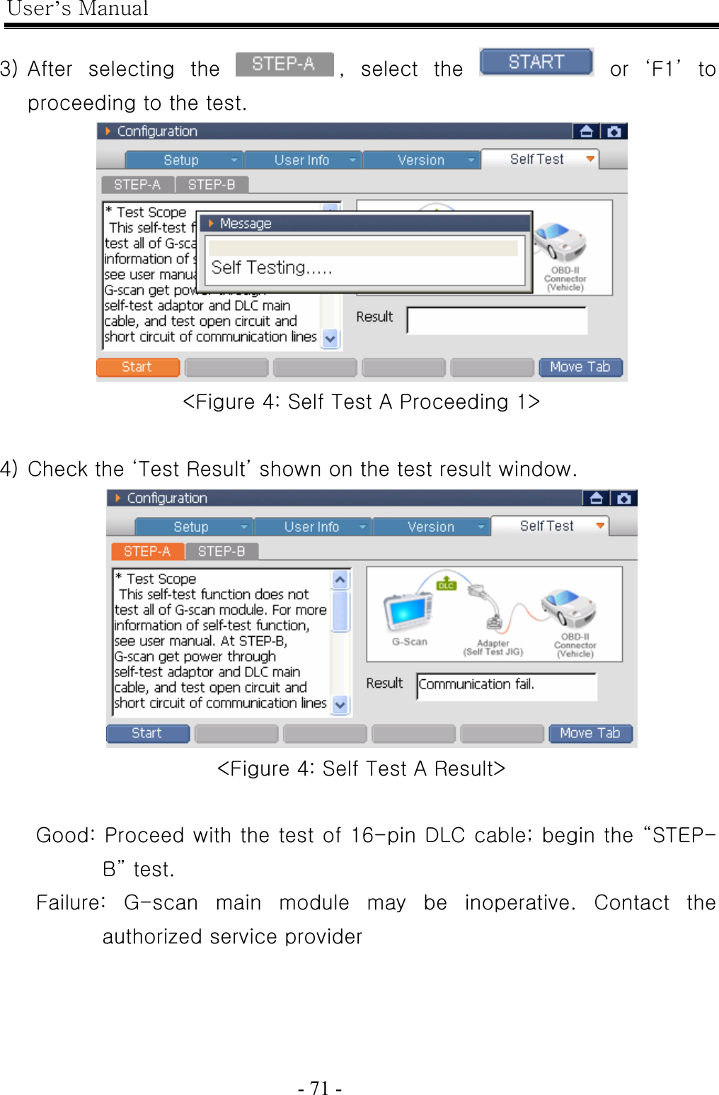 User’s Manual  - 71 -    3) After  selecting  the  ,  select  the    or  ‘F1’  to proceeding to the test.  &lt;Figure 4: Self Test A Proceeding 1&gt;  4) Check the ‘Test Result’ shown on the test result window.  &lt;Figure 4: Self Test A Result&gt;  Good: Proceed with the test of 16-pin DLC cable; begin the “STEP-B” test. Failure:  G-scan  main  module  may  be  inoperative.  Contact  the authorized service provider 