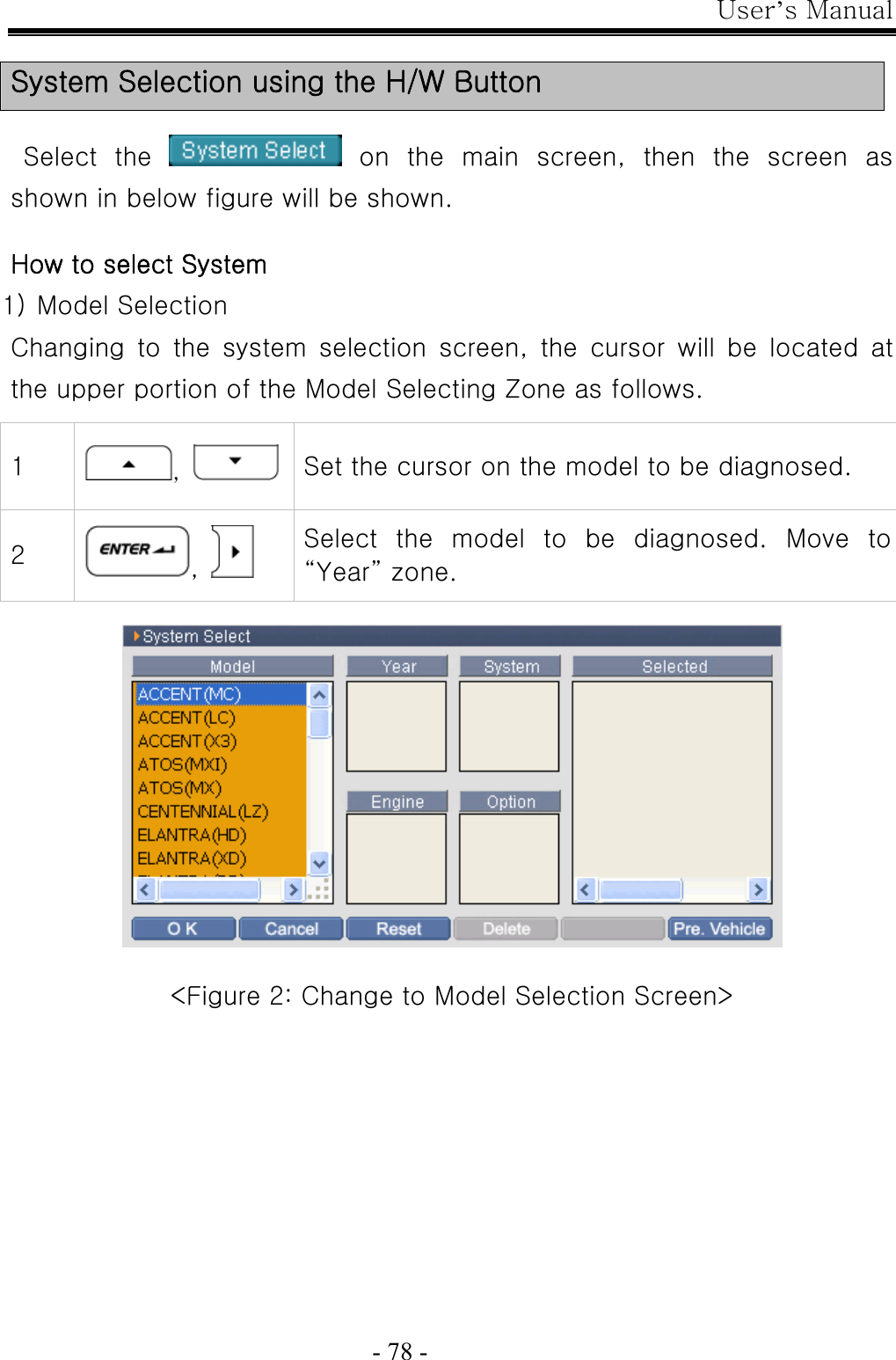 User’s Manual  - 78 -  System Selection using the H/W Button    Select  the    on  the  main  screen,  then  the  screen  as shown in below figure will be shown.  How to select System 1) Model Selection Changing  to  the  system  selection  screen,  the  cursor  will  be  located  at the upper portion of the Model Selecting Zone as follows.    &lt;Figure 2: Change to Model Selection Screen&gt; 1  ,    Set the cursor on the model to be diagnosed. 2  ,   Select  the  model  to  be  diagnosed.  Move  to “Year” zone. 