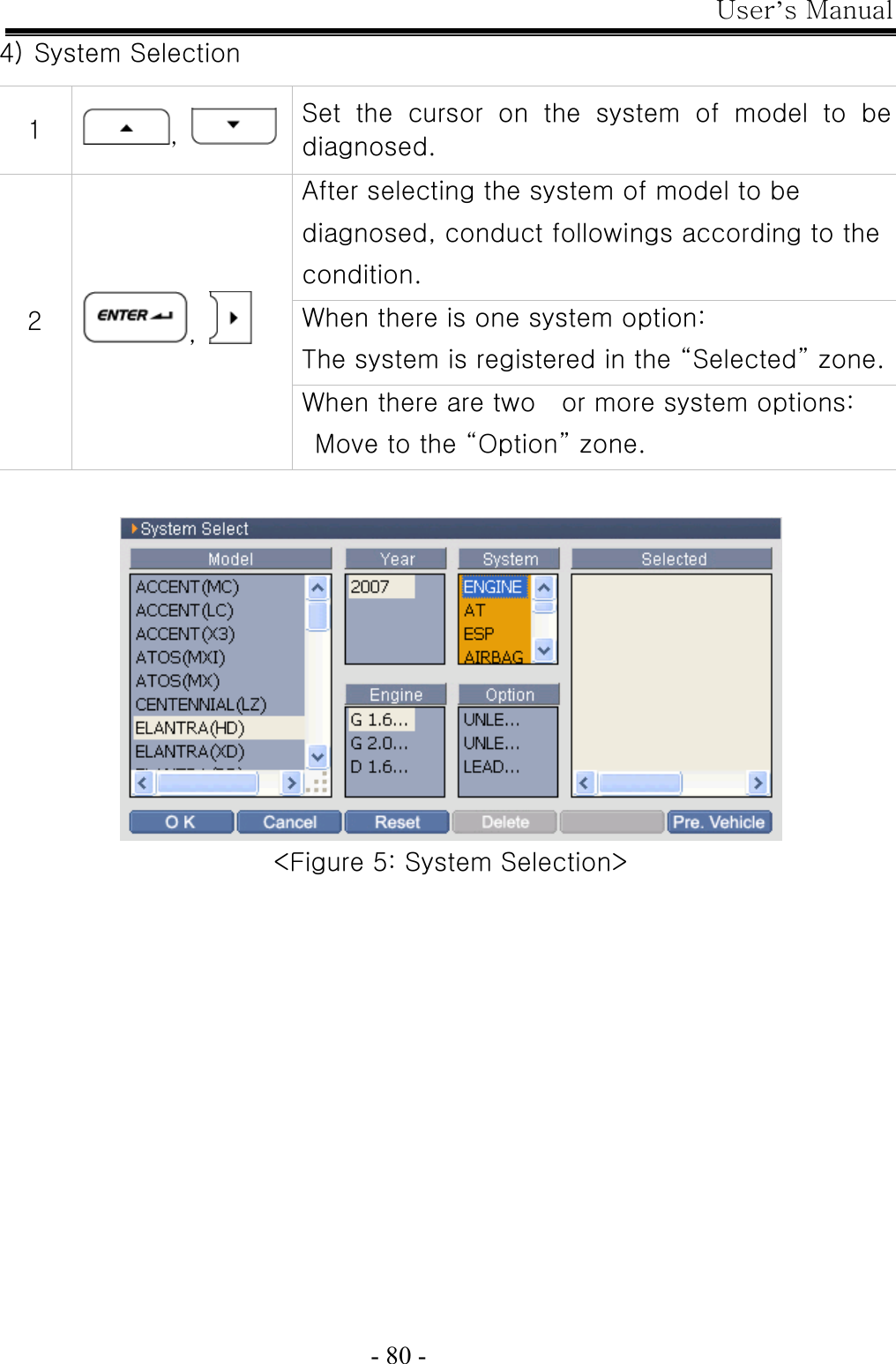 User’s Manual  - 80 - 4) System Selection    &lt;Figure 5: System Selection&gt; 1  ,    Set  the  cursor  on  the  system  of  model  to  be diagnosed. After selecting the system of model to be diagnosed, conduct followings according to the condition. When there is one system option:   The system is registered in the “Selected” zone.2  ,   When there are two    or more system options:   Move to the “Option” zone. 