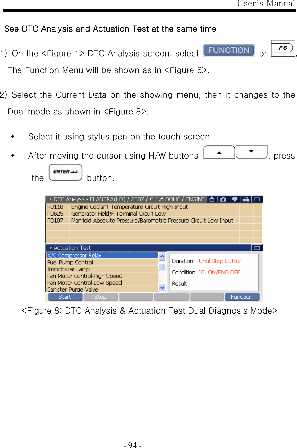 User’s Manual  - 94 -  See DTC Analysis and Actuation Test at the same time 1)  On the &lt;Figure 1&gt; DTC Analysis screen, select   or  , The Function Menu will be shown as in &lt;Figure 6&gt;.  2)  Select the Current Data on the showing  menu, then it changes to the Dual mode as shown in &lt;Figure 8&gt;.   Select it using stylus pen on the touch screen.  After moving the cursor using H/W buttons  , press the   button.   &lt;Figure 8: DTC Analysis &amp; Actuation Test Dual Diagnosis Mode&gt; 