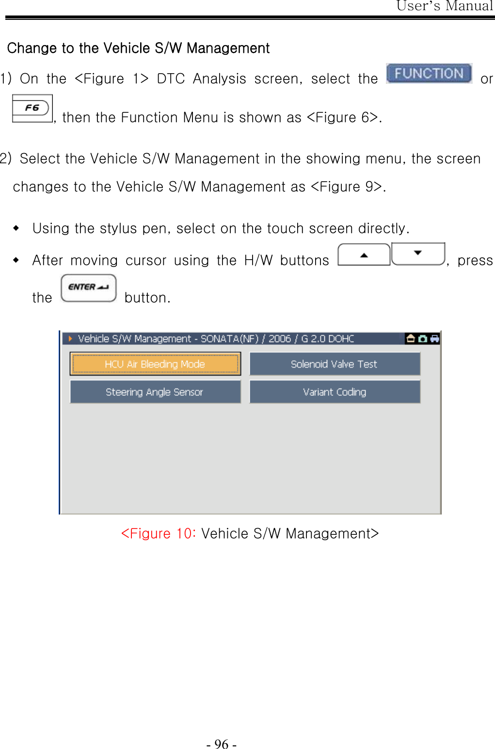 User’s Manual  - 96 -  Change to the Vehicle S/W Management 1)  On  the  &lt;Figure  1&gt;  DTC  Analysis  screen,  select  the   or , then the Function Menu is shown as &lt;Figure 6&gt;.  2)  Select the Vehicle S/W Management in the showing menu, the screen changes to the Vehicle S/W Management as &lt;Figure 9&gt;.   Using the stylus pen, select on the touch screen directly.  After  moving  cursor  using  the  H/W  buttons  ,  press the   button.   &lt;Figure 10: Vehicle S/W Management&gt;  