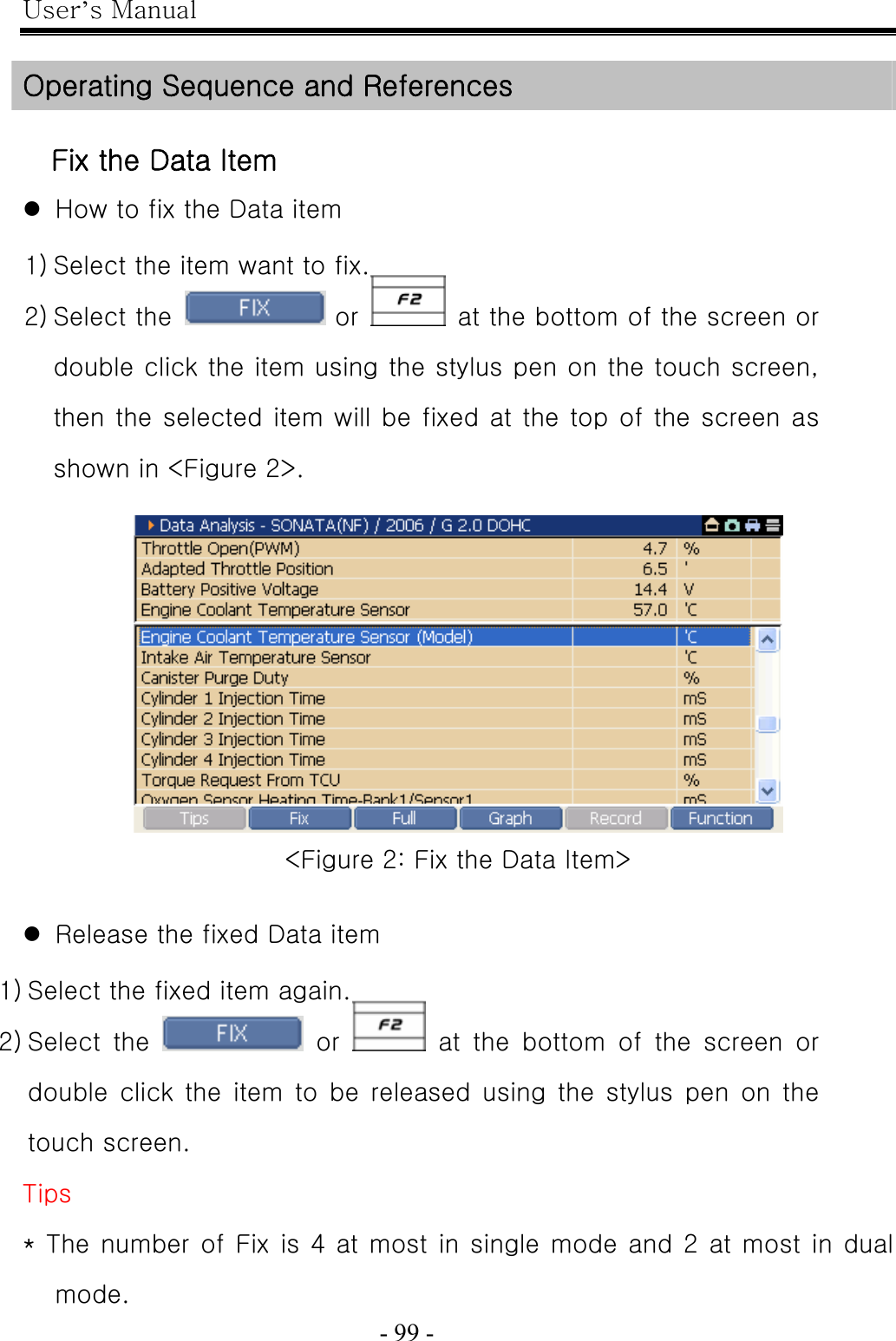 User’s Manual  - 99 -    Operating Sequence and References  Fix the Data Item z How to fix the Data item 1) Select the item want to fix. 2) Select the   or    at the bottom of the screen or double click the item using the stylus pen on the touch screen, then the selected item will be fixed at the top of the screen as shown in &lt;Figure 2&gt;.   &lt;Figure 2: Fix the Data Item&gt;  z Release the fixed Data item 1) Select the fixed item again. 2) Select  the   or    at  the  bottom  of  the  screen  or double  click  the  item  to  be  released  using  the  stylus  pen  on  the touch screen. Tips * The number of Fix is 4 at most in single mode and 2 at most in dual mode. 