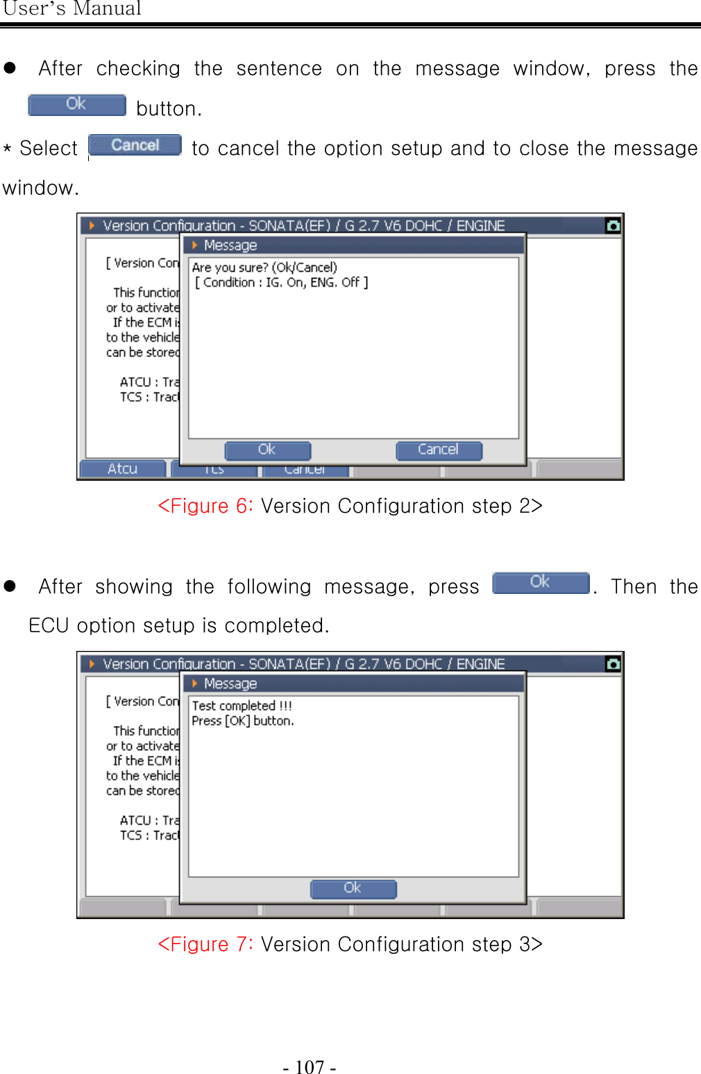 User’s Manual  - 107 -    z   After  checking  the  sentence  on  the  message  window,  press  the   button. * Select     to cancel the option setup and to close the message window.    &lt;Figure 6: Version Configuration step 2&gt;  z  After showing the following message, press  .  Then  the ECU option setup is completed.  &lt;Figure 7: Version Configuration step 3&gt;    