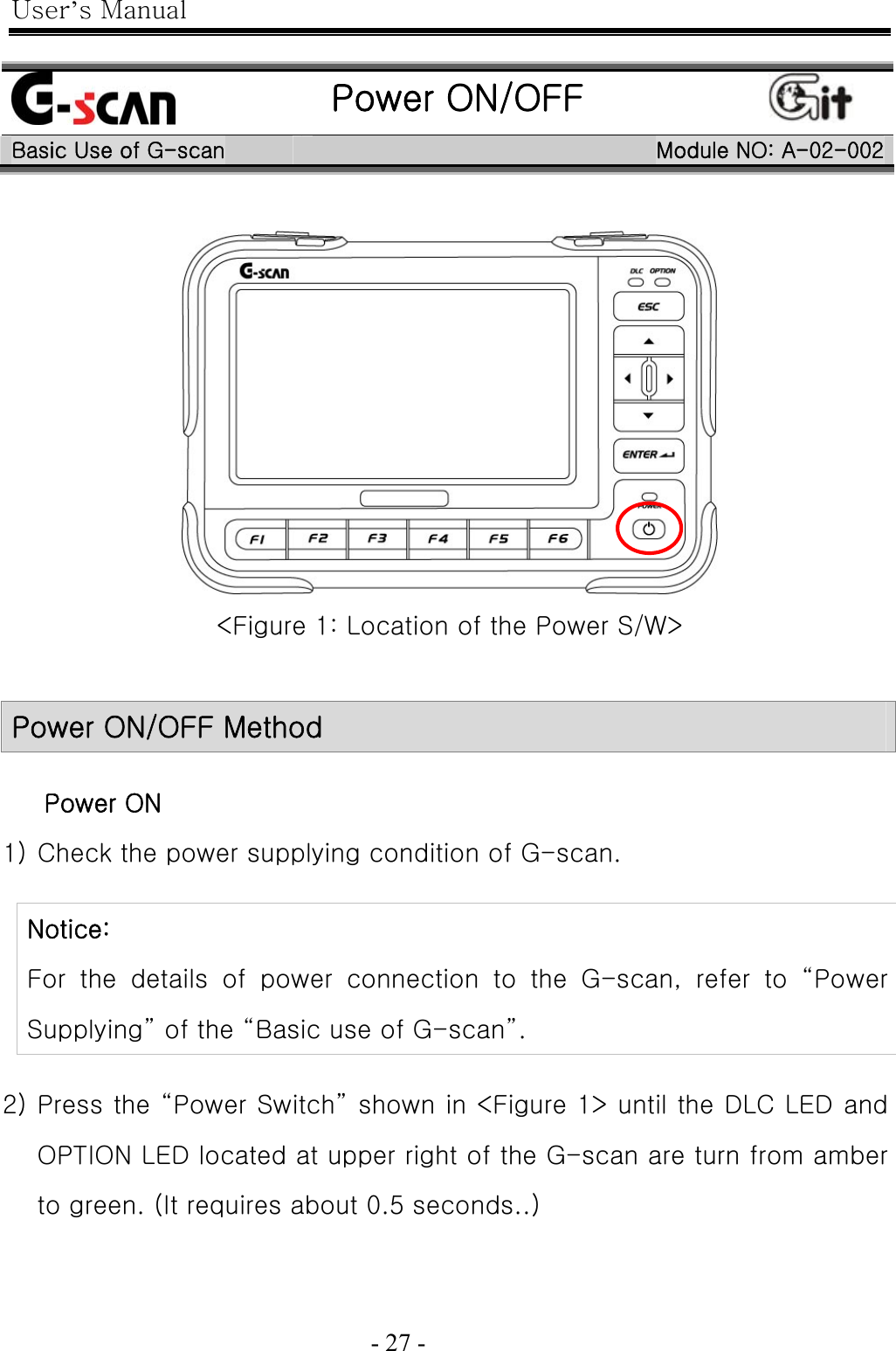 User’s Manual  - 27 -     Power ON/OFF  Basic Use of G-scan  Module NO: A-02-002   &lt;Figure 1: Location of the Power S/W&gt;   Power ON/OFF Method  Power ON 1) Check the power supplying condition of G-scan.    Notice: For  the  details  of  power  connection  to  the  G-scan,  refer  to  “Power Supplying” of the “Basic use of G-scan”.  2) Press the “Power Switch” shown in &lt;Figure 1&gt; until the DLC LED and OPTION LED located at upper right of the G-scan are turn from amber to green. (It requires about 0.5 seconds..)  