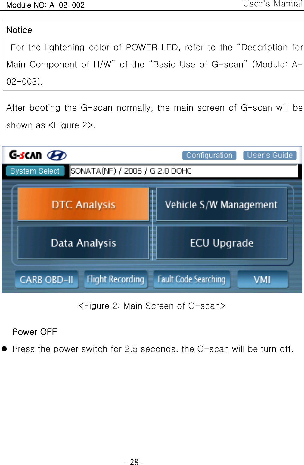 User’s Manual  - 28 -  Notice  For the lightening color of POWER LED, refer to the “Description  for Main Component of H/W” of the “Basic Use of  G-scan”  (Module:  A-02-003).  After booting the G-scan normally, the main screen of G-scan will be shown as &lt;Figure 2&gt;.  &lt;Figure 2: Main Screen of G-scan&gt;  Power OFF z Press the power switch for 2.5 seconds, the G-scan will be turn off. Module NO: A-02-002 