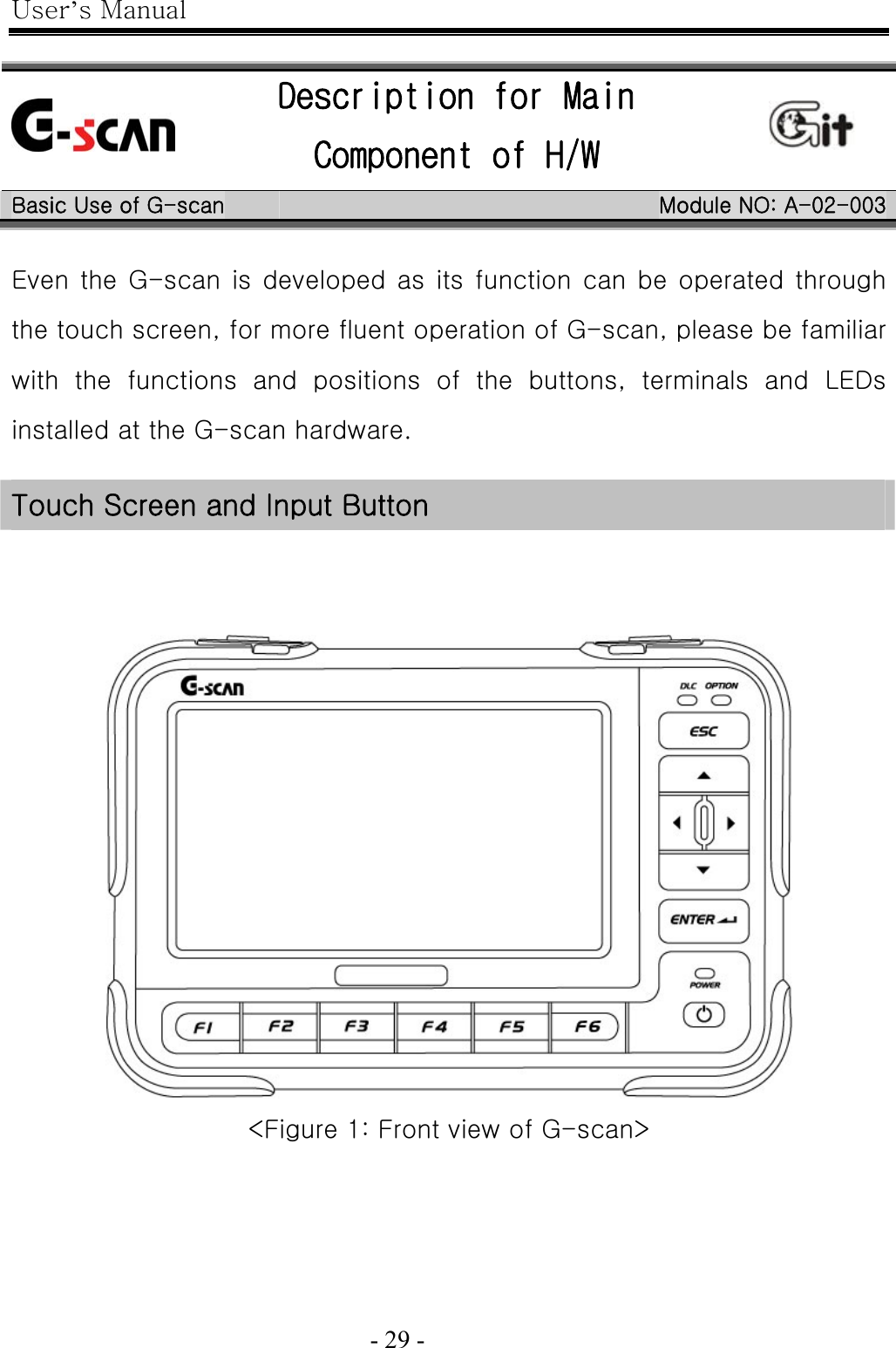 User’s Manual  - 29 -     Description for Main Component of H/W   Basic Use of G-scan  Module NO: A-02-003  Even the G-scan  is developed as its function can  be operated through the touch screen, for more fluent operation of G-scan, please be familiar with  the  functions  and  positions  of  the  buttons,  terminals  and  LEDs installed at the G-scan hardware.    Touch Screen and Input Button      &lt;Figure 1: Front view of G-scan&gt; 