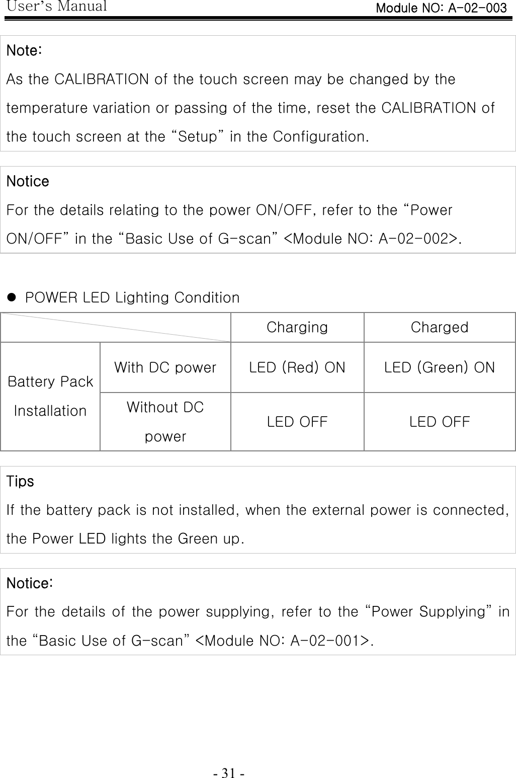 User’s Manual  - 31 -    Note: As the CALIBRATION of the touch screen may be changed by the temperature variation or passing of the time, reset the CALIBRATION of the touch screen at the “Setup” in the Configuration.  Notice For the details relating to the power ON/OFF, refer to the “Power ON/OFF” in the “Basic Use of G-scan” &lt;Module NO: A-02-002&gt;.   z POWER LED Lighting Condition   Charging    Charged With DC power  LED (Red) ON  LED (Green) ON Battery Pack Installation  Without DC power LED OFF  LED OFF  Tips If the battery pack is not installed, when the external power is connected, the Power LED lights the Green up.  Notice:   For the details of the power supplying, refer to the “Power Supplying” in the “Basic Use of G-scan” &lt;Module NO: A-02-001&gt;. Module NO: A-02-003 