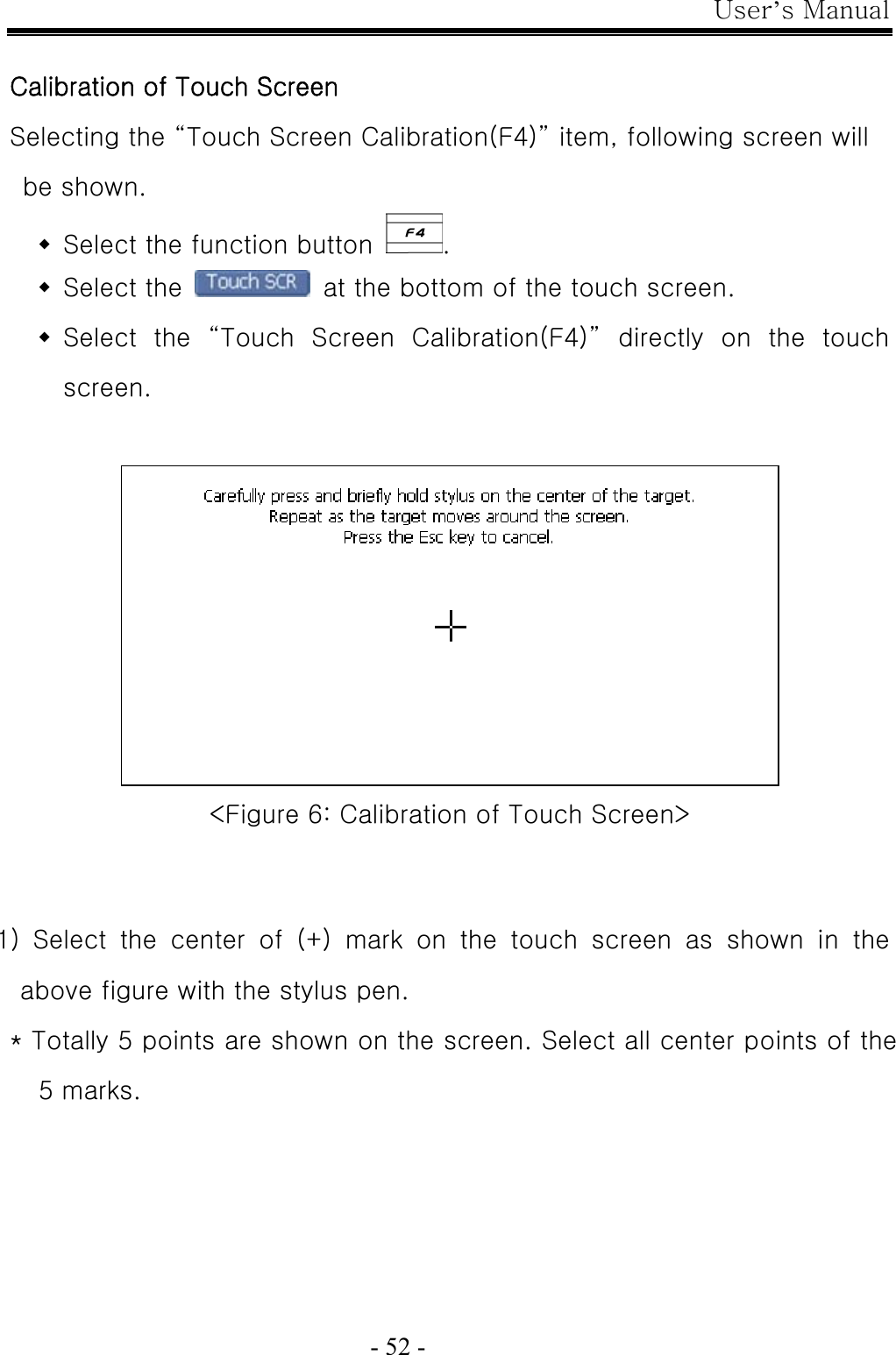 User’s Manual  - 52 -  Calibration of Touch Screen Selecting the “Touch Screen Calibration(F4)” item, following screen will be shown.  Select the function button  .  Select the    at the bottom of the touch screen.  Select the “Touch Screen Calibration(F4)” directly on the touch screen.   &lt;Figure 6: Calibration of Touch Screen&gt;    1)  Select  the  center  of  (+)  mark  on  the  touch  screen  as  shown  in  the above figure with the stylus pen. * Totally 5 points are shown on the screen. Select all center points of the 5 marks. 