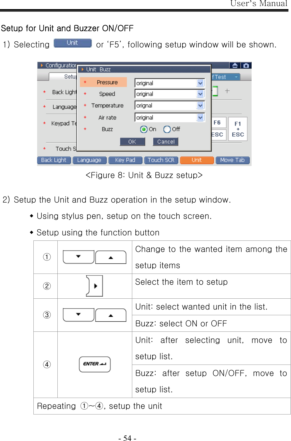 User’s Manual  - 54 -  Setup for Unit and Buzzer ON/OFF 1) Selecting    or ‘F5’, following setup window will be shown.   &lt;Figure 8: Unit &amp; Buzz setup&gt;  2) Setup the Unit and Buzz operation in the setup window.  Using stylus pen, setup on the touch screen.  Setup using the function button ① Change to the wanted item among the setup items ②  Select the item to setup Unit: select wanted unit in the list. ③ Buzz: select ON or OFF Unit:  after  selecting  unit,  move  to setup list. ④  Buzz: after setup ON/OFF, move to setup list. Repeating  ①~④, setup the unit  