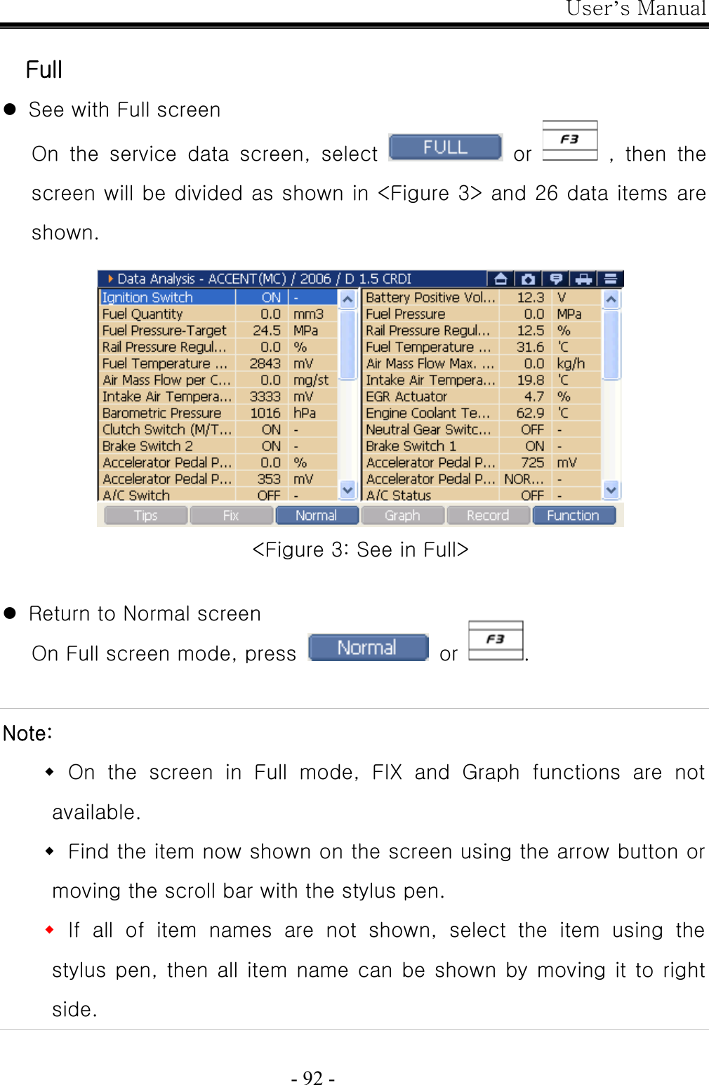 User’s Manual  - 92 -  Full   z See with Full screen On the service data screen, select   or   , then the screen will be divided as shown in &lt;Figure 3&gt; and 26 data items are shown.   &lt;Figure 3: See in Full&gt;  z Return to Normal screen On Full screen mode, press   or  .  Note:  On the screen in Full mode, FIX and Graph functions are not available.  Find the item now shown on the screen using the arrow button or moving the scroll bar with the stylus pen.  If  all  of  item  names  are  not  shown,  select  the  item  using  the stylus pen, then all item name can be shown by moving it to right side. 