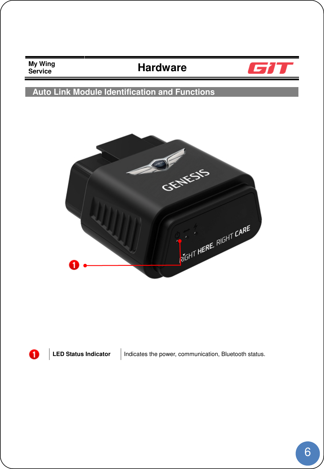 6My WingService HardwareAuto Link Module Identification and FunctionsLED Status Indicator Indicates the power, communication, Bluetooth status.