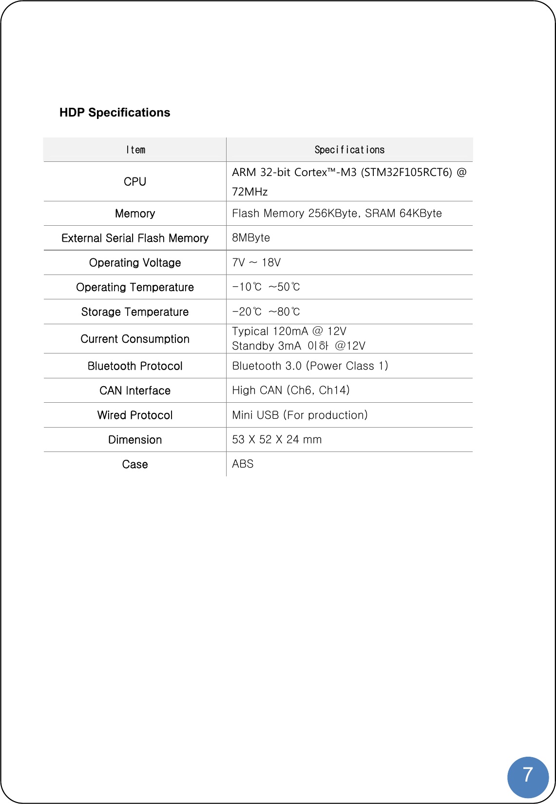  7   HDP Specifications  Item  Specifications CPU ARM 32-bit Cortex™-M3 (STM32F105RCT6) @ 72MHz Memory Flash Memory 256KByte, SRAM 64KByte External Serial Flash Memory 8MByte Operating Voltage 7V ~ 18V   Operating Temperature -10℃  ~50℃ Storage Temperature -20℃  ~80℃ Current Consumption Typical 120mA @ 12V Standby 3mA  이하  @12V Bluetooth Protocol Bluetooth 3.0 (Power Class 1) CAN Interface High CAN (Ch6, Ch14) Wired Protocol Mini USB (For production) Dimension 53 X 52 X 24 mm Case ABS  