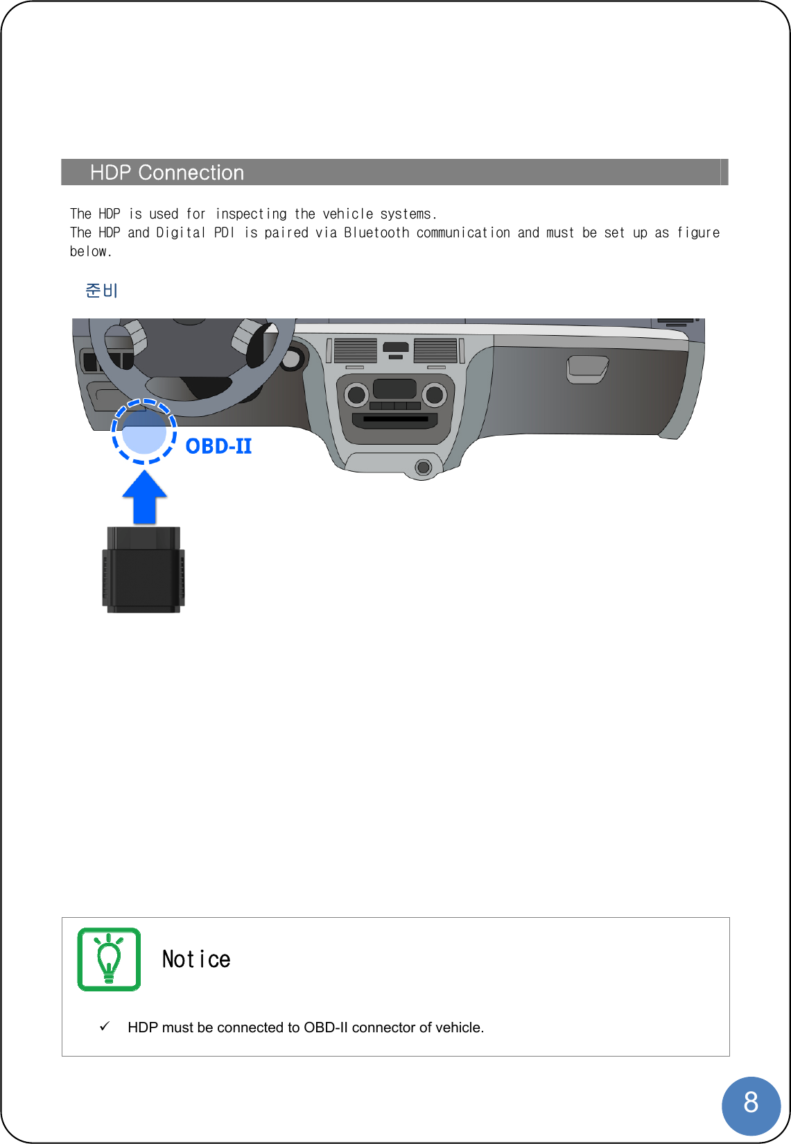  8   HDP Connection  The HDP is used for inspecting the vehicle systems. The HDP and Digital PDI is paired via Bluetooth communication and must be set up as figure below.  준비                    Notice   HDP must be connected to OBD-II connector of vehicle. 