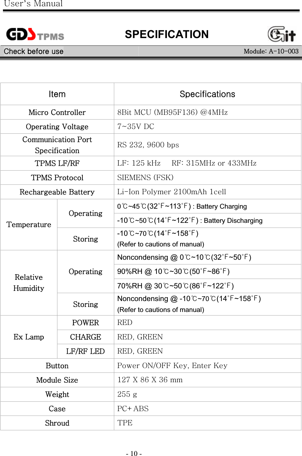 |’GtG- 10 -GGGSPECIFICATION  GjGGGtaGhTXWTWWZGGpG zGtGjG_iGtj|GOti`\mXZ]PGg[to¡GvG}G^¥Z\}GkjGjGwGzGyzGYZYSG`]WWGG{wtzGsmVymGsmaGXY\Go¡GGGymaGZX\to¡GG[ZZto¡G G{wtzGwGzpltluzGOmzrPGyGiGsTpGwGYXWWhGXG0୅~45 (32~113)୅එ එ : Battery Charging vG G-10୅~50 (୅14 ~එ122 )එ : Battery Discharging {GzG-10୅~70 (14 ~158 )୅එ එ(Refer to cautions of manual)   Noncondensing @ 0 ~10 (32 ~50 )୅୅එඑ90%RH @ 10 ~30 (50 ~86 )୅୅එඑvG70%RH @ 30 ~50 (86 ~122୅୅එ එ)yGoGzGNoncondensing @ -10୅~70 (14 ~158 )୅එ එ(Refer to cautions of manual)wv~lyGylkGjohynlGylkSGnylluGlGsGsmVymGslkGylkSGnylluGiGwGvuVvmmGrSGlGrGtGz¡GXY^GG_]GGZ]GG~GY\\GGjGwjRhizGzG{wlG