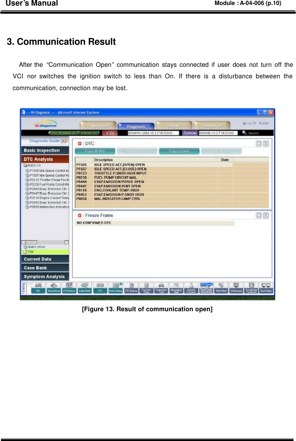   3. Communication Result  After the  “Communication Open” communication stays connected if user does not turn off the VCI nor switches the ignition switch to less than On. If there is a disturbance between the communication, connection may be lost.     [Figure 13. Result of communication open]  User’s Manual Module : A-04-006 (p.10) 