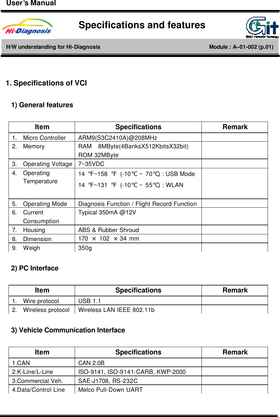       1. Specifications of VCI  1) General features   2) PC Interface   3) Vehicle Communication Interface  Item Specifications Remark 1. Micro Controller ARM9(S3C2410A)@208MHz  2. Memory RAM  8MByte(4BanksX512KbitsX32bit) ROM 32MByte  3. Operating Voltage 7~35VDC  4. Operating Temperature 14  ℉~158  ℉ (-10℃ ~ 70℃) : USB Mode 14  ℉~131  ℉ (-10℃ ~ 55℃) : WLAN   5. Operating Mode Diagnosis Function / Flight Record Function  6. Current Consumption Typical 350mA @12V   7. Housing ABS &amp; Rubber Shroud   8. Dimension 170  × 102 × 34 mm  9. Weigh 350g  Item Specifications Remark 1. Wire protocol USB 1.1  2. Wireless protocol Wireless LAN IEEE 802.11b   Item Specifications Remark 1.CAN CAN 2.0B  2.K-Line/L-Line ISO-9141, ISO-9141-CARB, KWP-2000   3.Commercial Veh. SAE-J1708, RS-232C  4.Data/Control Line Melco Pull-Down UART   Specifications and features H/W understanding for Hi-Diagnosis                                        Module : A–01-002 (p.01) User’s Manual 