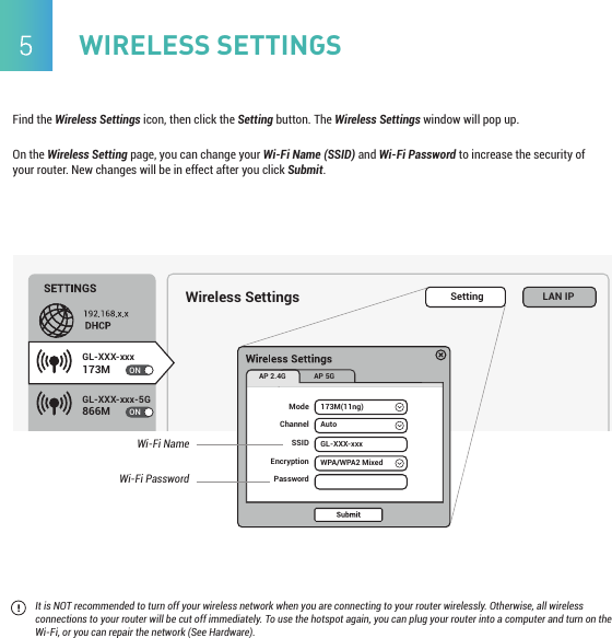 WIRELESS SETTINGSGL-XXX-xxx173MGL-XXX-xxx-5G866MONON ModeChannelSSIDEncryptionPassword173M(11ng)AutoGL-XXX-xxxWPA/WPA2 MixedAP 2.4G AP 5GWireless Settings LAN IPSettingWi-Fi NameWi-Fi PasswordOn the Wireless Setting page, you can change your Wi-Fi Name (SSID) and Wi-Fi Password to increase the security of your router. New changes will be in effect after you click Submit.Find the Wireless Settings icon, then click the Setting button. The Wireless Settings window will pop up.It is NOT recommended to turn off your wireless network when you are connecting to your router wirelessly. Otherwise, all wireless connections to your router will be cut off immediately. To use the hotspot again, you can plug your router into a computer and turn on the Wi-Fi, or you can repair the network (See Hardware).