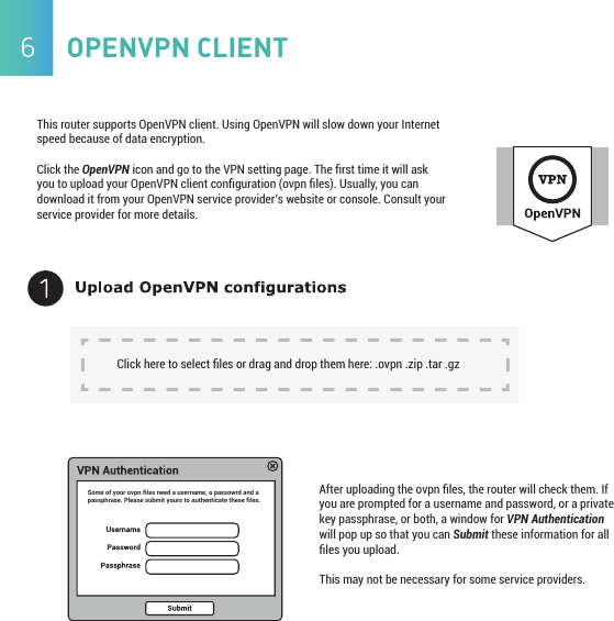 Click here to select ﬁles or drag and drop them here: .ovpn .zip .tar .gzSome of your ovpn ﬁles need a username, a passowrd and a passphrase. Please submit yours to authenticate these ﬁles. After uploading the ovpn ﬁles, the router will check them. If you are prompted for a username and password, or a private key passphrase, or both, a window for VPN Authentication will pop up so that you can Submit these information for all ﬁles you upload.This may not be necessary for some service providers.This router supports OpenVPN client. Using OpenVPN will slow down your Internet speed because of data encryption. Click the OpenVPN icon and go to the VPN setting page. The ﬁrst time it will ask you to upload your OpenVPN client conﬁguration (ovpn ﬁles). Usually, you can download it from your OpenVPN service provider’s website or console. Consult your service provider for more details.OPENVPN CLIENT