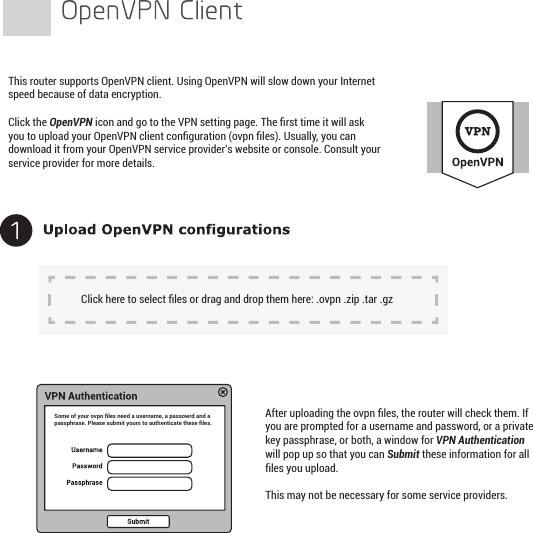 Click here to select ﬁles or drag and drop them here: .ovpn .zip .tar .gzSome of your ovpn ﬁles need a username, a passowrd and a passphrase. Please submit yours to authenticate these ﬁles. After uploading the ovpn ﬁles, the router will check them. If you are prompted for a username and password, or a private key passphrase, or both, a window for VPN Authentication will pop up so that you can Submit these information for all ﬁles you upload.This may not be necessary for some service providers.This router supports OpenVPN client. Using OpenVPN will slow down your Internet speed because of data encryption. Click the OpenVPN icon and go to the VPN setting page. The ﬁrst time it will ask you to upload your OpenVPN client conﬁguration (ovpn ﬁles). Usually, you can download it from your OpenVPN service provider’s website or console. Consult your service provider for more details.