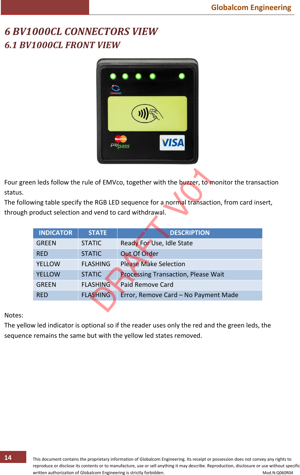  Globalcom Engineering   This document contains the proprietary information of Globalcom Engineering. Its receipt or possession does not convey any rights to reproduce or disclose its contents or to manufacture, use or sell anything it may describe. Reproduction, disclosure or use without specific written authorization of Globalcom Engineering is strictly forbidden.                                                                                           Mod.N:Q060R04 14 6 BV1000CL CONNECTORS VIEW 6.1 BV1000CL FRONT VIEW   Four green leds follow the rule of EMVco, together with the buzzer, to monitor the transaction status. The following table specify the RGB LED sequence for a normal transaction, from card insert, through product selection and vend to card withdrawal.  INDICATOR STATE DESCRIPTION GREEN STATIC Ready For Use, Idle State RED STATIC Out Of Order YELLOW FLASHING Please Make Selection YELLOW STATIC Processing Transaction, Please Wait GREEN FLASHING Paid Remove Card RED FLASHING Error, Remove Card – No Payment Made  Notes: The yellow led indicator is optional so if the reader uses only the red and the green leds, the sequence remains the same but with the yellow led states removed.  DRAFT V01