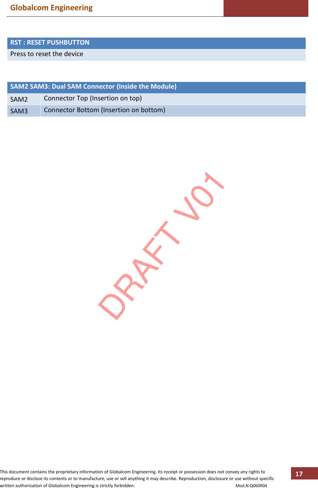 Globalcom Engineering    This document contains the proprietary information of Globalcom Engineering. Its receipt or possession does not convey any rights to reproduce or disclose its contents or to manufacture, use or sell anything it may describe. Reproduction, disclosure or use without specific written authorization of Globalcom Engineering is strictly forbidden.                                                                                           Mod.N:Q060R04 17  RST : RESET PUSHBUTTON Press to reset the device   SAM2 SAM3: Dual SAM Connector (Inside the Module) SAM2 Connector Top (Insertion on top) SAM3 Connector Bottom (Insertion on bottom)  DRAFT V01
