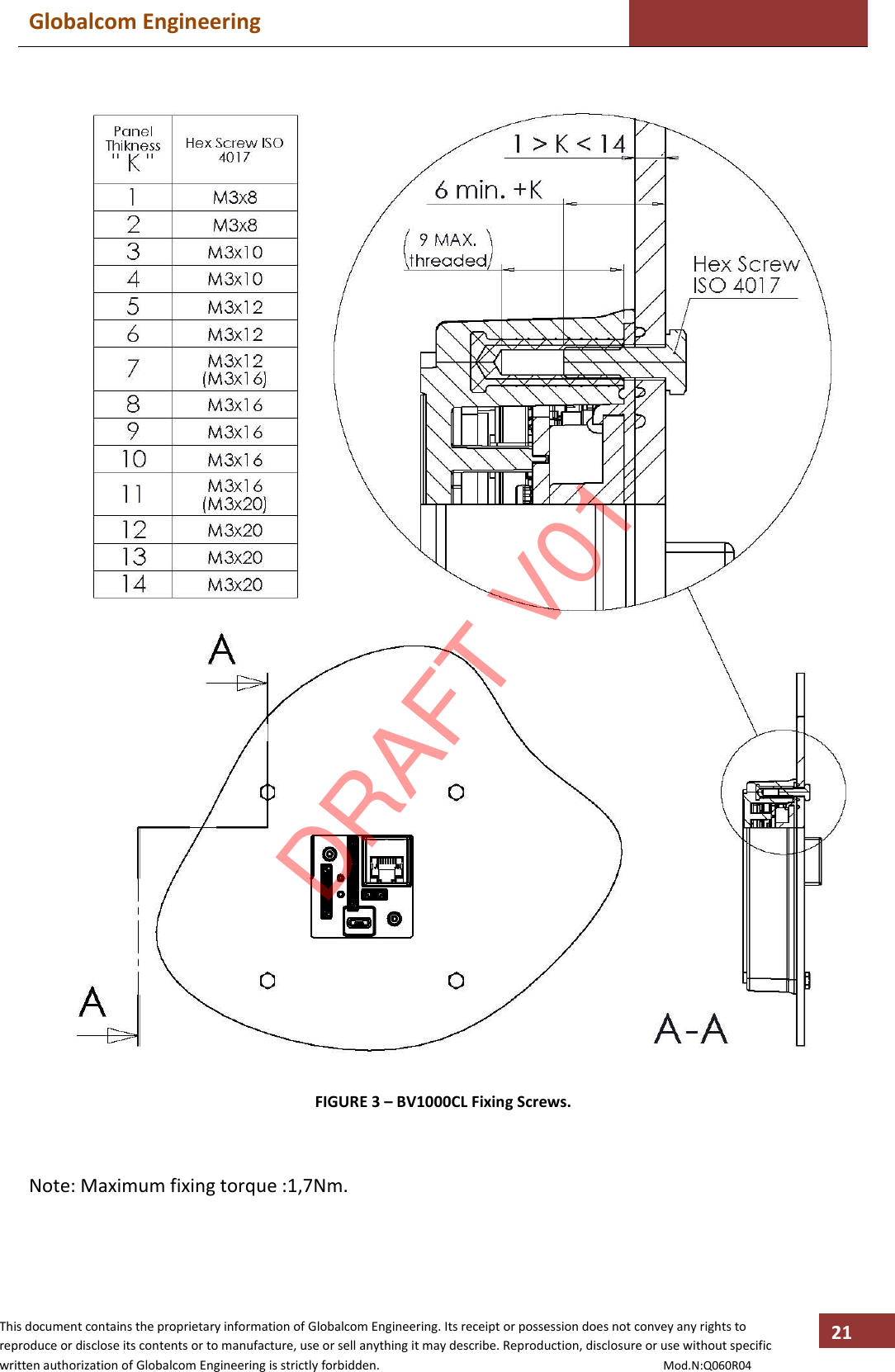 Globalcom Engineering    This document contains the proprietary information of Globalcom Engineering. Its receipt or possession does not convey any rights to reproduce or disclose its contents or to manufacture, use or sell anything it may describe. Reproduction, disclosure or use without specific written authorization of Globalcom Engineering is strictly forbidden.                                                                                           Mod.N:Q060R04 21  FIGURE 3 – BV1000CL Fixing Screws.   Note: Maximum fixing torque :1,7Nm. DRAFT V01