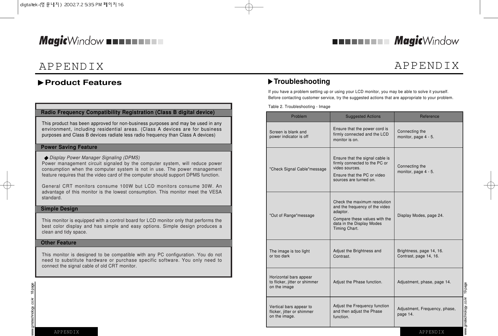 This product has been approved for non-business purposes and may be used in anyenvironment, including residential areas. (Class A devices are for businesspurposes and Class B devices radiate less radio frequency than Class A devices) Display Power Manager Signaling (DPMS)Power management circuit signaled by the computer system, will reduce powerconsumption when the computer system is not in use. The power managementfeature requires that the video card of the computer should support DPMS function.General CRT monitors consume 100W but LCD monitors consume 30W. Anadvantage of this monitor is the lowest consumption. This monitor meet the VESAstandard.This monitor is equipped with a control board for LCD monitor only that performs thebest color display and has simple and easy options. Simple design produces aclean and tidy space.This monitor is designed to be compatible with any PC configuration. You do notneed to substitute hardware or purchase specific software. You only need toconnect the signal cable of old CRT monitor. Radio Frequency Compatibility Registration (Class B digital device) Power Saving Feature Simple DesignOther FeatureAPPENDIXAPPENDIXwww.gmstechnology .co.kr    19 pageAPPENDIXwww.gmstechnology .co.kr    18 pageIf you have a problem setting up or using your LCD monitor, you may be able to solve it yourself.Before contacting customer service, try the suggested actions that are appropriate to your problem.Table 2. Troubleshooting - ImageProblem Suggested Actions  ReferenceEnsure that the power cord isfirmly connected and the LCDmonitor is on.Screen is blank andpower indicator is offTroubleshootingConnecting themonitor, page 4 - 5.Ensure that the signal cable isfirmly connected to the PC orvideo sources.Ensure that the PC or videosources are turned on.&quot;Check Signal Cable&quot;message Connecting themonitor, page 4 - 5.Check the maximum resolutionand the frequency of the videoadaptor.Compare these values with thedata in the Display ModesTiming Chart.&quot;Out of Range&quot;message Display Modes, page 24.Adjust the Brightness andContrast.The image is too lightor too darkBrightness, page 14, 16.Contrast, page 14, 16.Adjust the Phase function. Horizontal bars appearto flicker, jitter or shimmer on the image Adjustment, phase, page 14.Adjust the Frequency functionand then adjust the Phasefunction.Vertical bars appear toflicker, jitter or shimmer on the image.Adjustment, Frequency, phase,page 14.Product FeaturesAPPENDIX