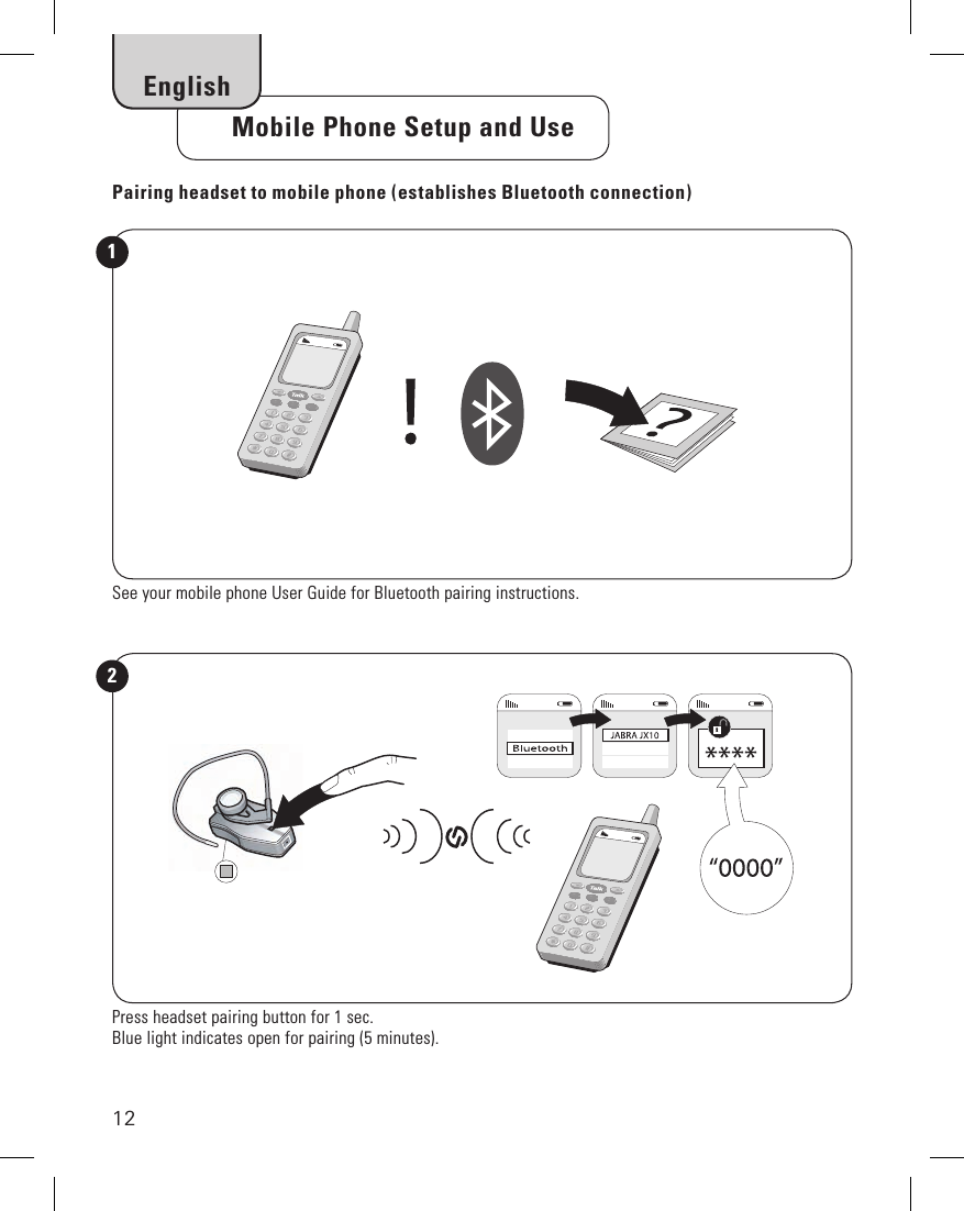 12     Mobile Phone Setup and UseEnglishPairing headset to mobile phone (establishes Bluetooth connection)See your mobile phone User Guide for Bluetooth pairing instructions.1Press headset pairing button for 1 sec.Blue light indicates open for pairing (5 minutes).2