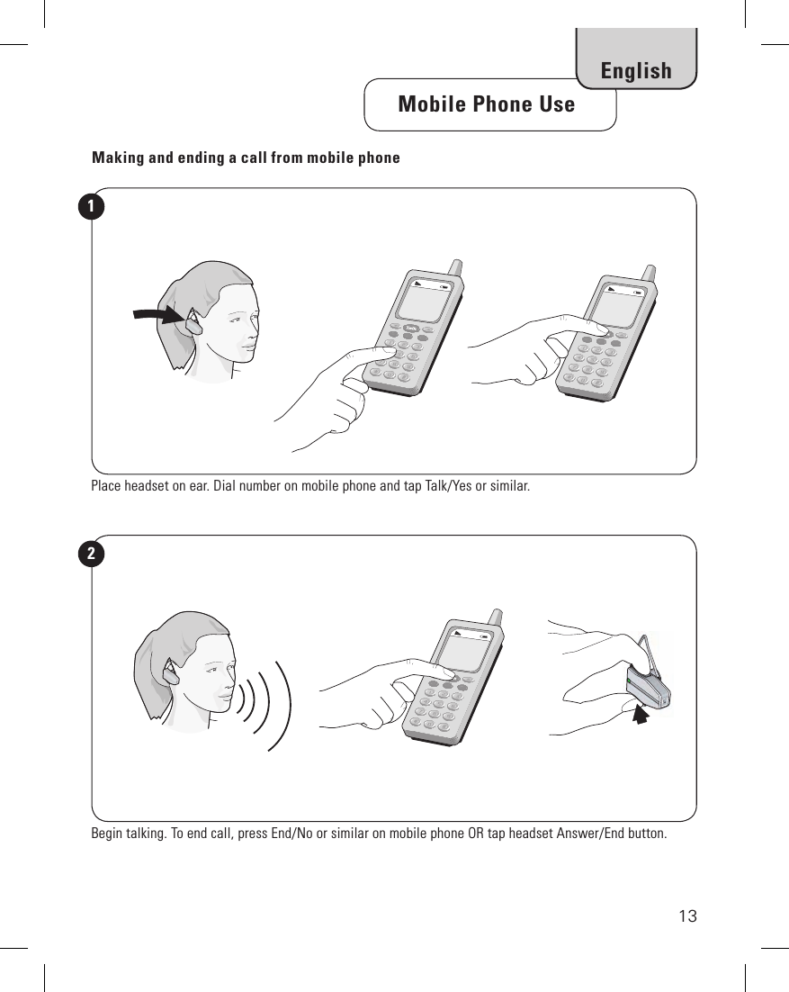 13   Mobile Phone UseEnglishPlace headset on ear. Dial number on mobile phone and tap Talk/Yes or similar.1Begin talking. To end call, press End/No or similar on mobile phone OR tap headset Answer/End button.2Making and ending a call from mobile phone