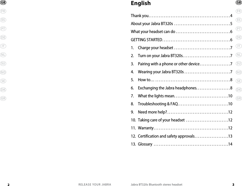 RELEASE YOUR JABRA2 FRESPTDEITNLSUNOSEDKGRGBJabra BT320s Bluetooth stereo headset 3FRESPTDEITNLSUNOSEDKGRGBEnglishThank you................................................4About your Jabra BT320s .................................5What your headset can do ................................6GETTING STARTED........................................61.  Charge your headset .................................72.  Turn on your Jabra BT320s............................73.  Pairing with a phone or other device..................74.  Wearing your Jabra BT320s . . . . . . . . . . . . . . . . . . . . . . . . . . .75.  How to… ............................................86.  Exchanging the Jabra headphones....................87.  What the lights mean................................108.  Troubleshooting &amp; FAQ..............................109.  Need more help?....................................1210.  Taking care of your headset .........................1211.  Warranty............................................1212.  Certification and safety approvals....................1313.  Glossary ............................................14