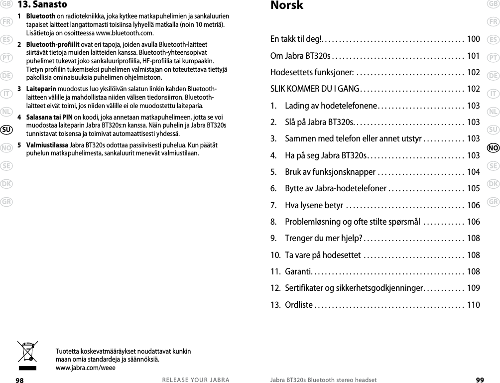 RELEASE YOUR JABRA98 GBFRESPTDEITNLNOSEDKGRSUJabra BT320s Bluetooth stereo headset 99GBFRESPTDEITNLSUSEDKGRNO13. Sanasto1   Bluetooth on radiotekniikka, joka kytkee matkapuhelimien ja sankaluurien tapaiset laitteet langattomasti toisiinsa lyhyellä matkalla (noin 10 metriä). Lisätietoja on osoitteessa www.bluetooth.com.2   Bluetooth-profiilit ovat eri tapoja, joiden avulla Bluetooth-laitteet siirtävät tietoja muiden laitteiden kanssa. Bluetooth-yhteensopivat puhelimet tukevat joko sankaluuriprofiilia, HF-profiilia tai kumpaakin. Tietyn profiilin tukemiseksi puhelimen valmistajan on toteutettava tiettyjä pakollisia ominaisuuksia puhelimen ohjelmistoon. 3   Laiteparin muodostus luo yksilöivän salatun linkin kahden Bluetooth-laitteen välille ja mahdollistaa niiden välisen tiedonsiirron. Bluetooth-laitteet eivät toimi, jos niiden välille ei ole muodostettu laiteparia.4   Salasana tai PIN on koodi, joka annetaan matkapuhelimeen, jotta se voi muodostaa laiteparin Jabra BT320s:n kanssa. Näin puhelin ja Jabra BT320s tunnistavat toisensa ja toimivat automaattisesti yhdessä.5   Valmiustilassa Jabra BT320s odottaa passiivisesti puhelua. Kun päätät puhelun matkapuhelimesta, sankaluurit menevät valmiustilaan.Tuotetta koskevatmääräykset noudattavat kunkin maan omia standardeja ja säännöksiä.www.jabra.com/weeeNorskEn takk til deg!......................................... 100Om Jabra BT320s......................................101Hodesettets funksjoner: ............................... 102SLIK KOMMER DU I GANG.............................. 1021.  Lading av hodetelefonene......................... 1032.  Slå på Jabra BT320s................................ 1033.  Sammen med telefon eller annet utstyr ............ 1034.  Ha på seg Jabra BT320s............................ 1035.  Bruk av funksjonsknapper ......................... 1046.  Bytte av Jabra-hodetelefoner ...................... 1057.  Hva lysene betyr .................................. 1068.  Problemløsning og ofte stilte spørsmål ............1069.  Trenger du mer hjelp?............................. 10810.  Ta vare på hodesettet ............................. 10811.  Garanti............................................ 10812.  Sertifikater og sikkerhetsgodkjenninger............ 10913.  Ordliste . . . . . . . . . . . . . . . . . . . . . . . . . . . . . . . . . . . . . . . . . . .  110