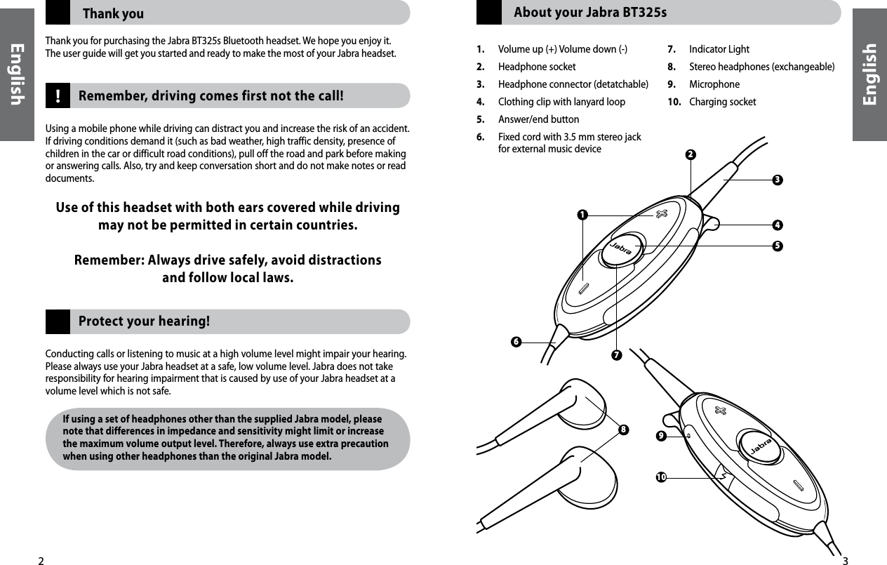 English3English2!Thank you Thank you for purchasing the Jabra BT325s Bluetooth headset. We hope you enjoy it. The user guide will get you started and ready to make the most of your Jabra headset.    Remember, driving comes first not the call!Using a mobile phone while driving can distract you and increase the risk of an accident. If driving conditions demand it (such as bad weather, high traffic density, presence of children in the car or difficult road conditions), pull off the road and park before making or answering calls. Also, try and keep conversation short and do not make notes or read documents. Use of this headset with both ears covered while driving may not be permitted in certain countries.Remember: Always drive safely, avoid distractions and follow local laws.    Protect your hearing!Conducting calls or listening to music at a high volume level might impair your hearing. Please always use your Jabra headset at a safe, low volume level. Jabra does not take responsibility for hearing impairment that is caused by use of your Jabra headset at a volume level which is not safe.About your Jabra BT325sIf using a set of headphones other than the supplied Jabra model, please note that differences in impedance and sensitivity might limit or increase the maximum volume output level. Therefore, always use extra precaution when using other headphones than the original Jabra model.1.  Volume up (+) Volume down (-)2.  Headphone socket3.  Headphone connector (detatchable)4.  Clothing clip with lanyard loop5.  Answer/end button6.   Fixed cord with 3.5 mm stereo jack for external music device7.  Indicator Light8.  Stereo headphones (exchangeable)9.  Microphone10.  Charging socket83562714109