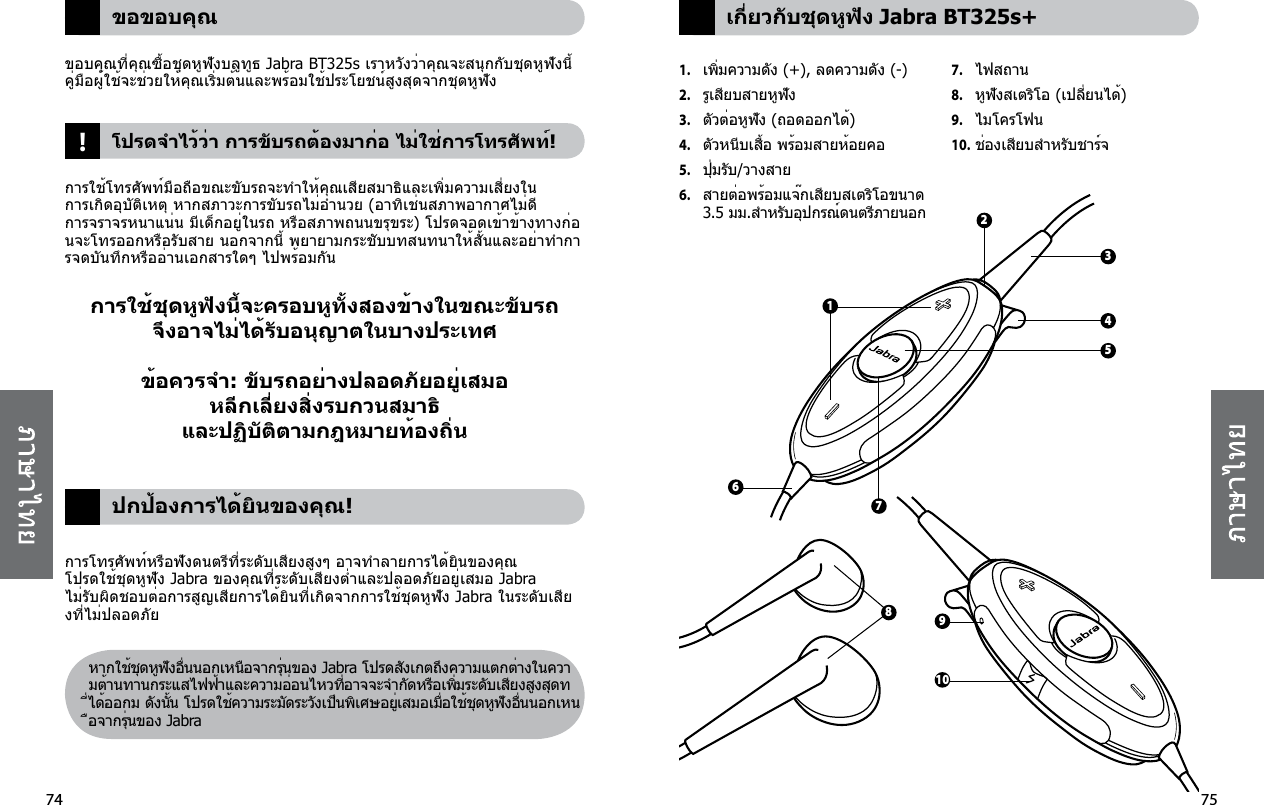 74   75     เกี่ยวกับชุดหูฟังJabraBT325s+83562714109!  ขอขอบคุณขอบคุณที่คุณซื้อชุดหูฟังบลูทูธJabraBT325sเราหวังว่าคุณจะสนุกกับชุดหูฟังนี้ คู่มือผู้ใช้จะช่วยให้คุณเริ่มต้นและพร้อมใช้ประโยชน์สูงสุดจากชุดหูฟัง    โปรดจำไว้ว่าการขับรถต้องมาก่อไม่ใช่การโทรศัพท์!การใช้โทรศัพท์มือถือขณะขับรถจะทำให้คุณเสียสมาธิและเพิ่มความเสี่ยงในการเกิดอุบัติเหตุหากสภาวะการขับรถไม่อำนวย(อาทิเช่นสภาพอากาศไม่ดีการจราจรหนาแน่นมีเด็กอยู่ในรถหรือสภาพถนนขรุขระ)โปรดจอดเข้าข้างทางก่อนจะโทรออกหรือรับสายนอกจากนี้พยายามกระชับบทสนทนาให้สั้นและอย่าทำการจดบันทึกหรืออ่านเอกสารใดๆไปพร้อมกันการใช้ชุดหูฟังนี้จะครอบหูทั้งสองข้างในขณะขับรถจึงอาจไม่ได้รับอนุญาตในบางประเทศข้อควรจำ:ขับรถอย่างปลอดภัยอยู่เสมอหลีกเลี่ยงสิ่งรบกวนสมาธิและปฏิบัติตามกฎหมายท้องถิ่น    ปกป้องการได้ยินของคุณ!การโทรศัพท์หรือฟังดนตรีที่ระดับเสียงสูงๆอาจทำลายการได้ยินของคุณโปรดใช้ชุดหูฟังJabraของคุณที่ระดับเสียงต่ำและปลอดภัยอยู่เสมอJabraไม่รับผิดชอบต่อการสูญเสียการได้ยินที่เกิดจากการใช้ชุดหูฟังJabraในระดับเสียงที่ไม่ปลอดภัย หากใช้ชุดหูฟังอื่นนอกเหนือจากรุ่นของJabraโปรดสังเกตถึงความแตกต่างในความต้านทานกระแสไฟฟ้าและความอ่อนไหวที่อาจจะจำกัดหรือเพิ่มระดับเสียงสูงสุดที่ได้ออกมดังนั้นโปรดใช้ความระมัดระวังเป็นพิเศษอยู่เสมอเมื่อใช้ชุดหูฟังอื่นนอกเหนือจากรุ่นของJabra1. เพิ่มความดัง(+),ลดความดัง(-)2. รูเสียบสายหูฟัง3. ตัวต่อหูฟัง(ถอดออกได้)4. ตัวหนีบเสื้อพร้อมสายห้อยคอ5. ปุ่มรับ/วางสาย6. สายต่อพร้อมแจ๊กเสียบสเตริโอขนาด  3.5มม.สำหรับอุปกรณ์ดนตรีภายนอก7. ไฟสถาน8. หูฟังสเตริโอ(เปลี่ยนได้)9. ไมโครโฟน10. ช่องเสียบสำหรับชาร์จ