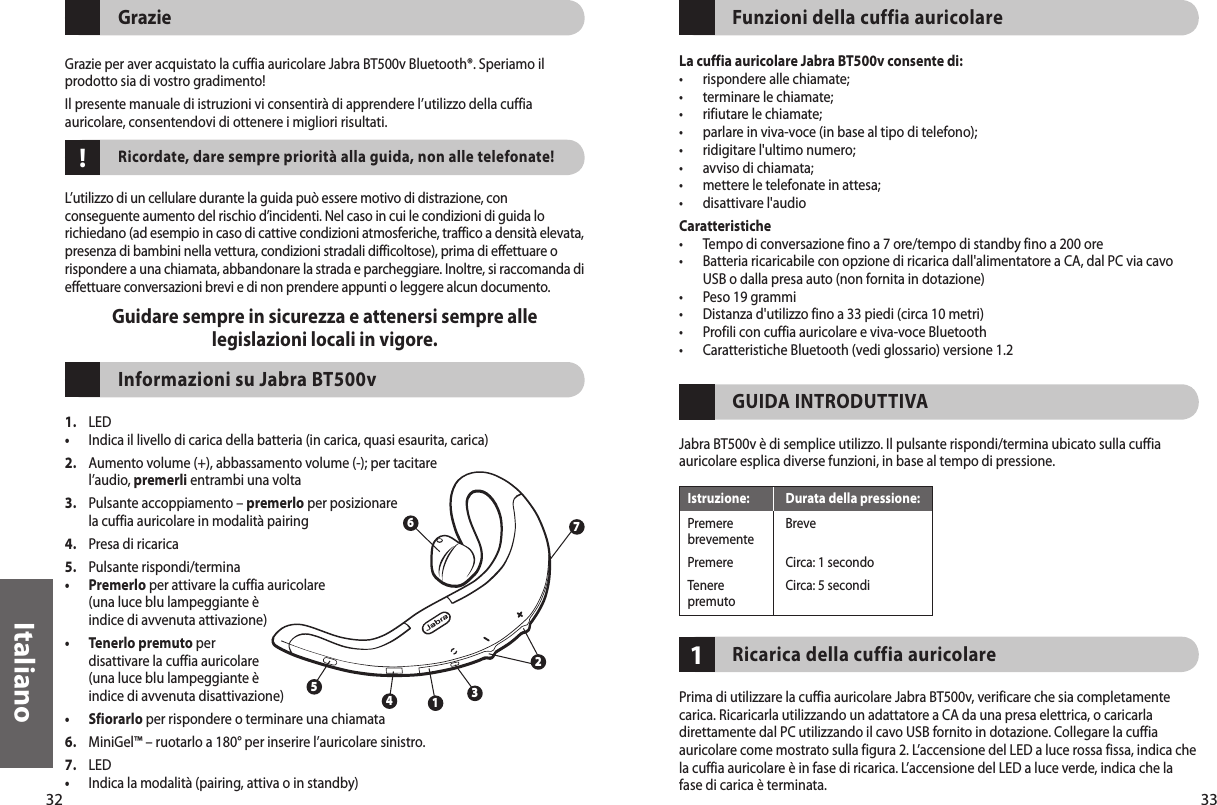 32Italiano33!GrazieGrazie per aver acquistato la cuffia auricolare Jabra BT500v Bluetooth®. Speriamo il prodotto sia di vostro gradimento! Il presente manuale di istruzioni vi consentirà di apprendere l’utilizzo della cuffia auricolare, consentendovi di ottenere i migliori risultati.Ricordate, dare sempre priorità alla guida, non alle telefonate!L’utilizzo di un cellulare durante la guida può essere motivo di distrazione, con conseguente aumento del rischio d’incidenti. Nel caso in cui le condizioni di guida lo richiedano (ad esempio in caso di cattive condizioni atmosferiche, traffico a densità elevata, presenza di bambini nella vettura, condizioni stradali difficoltose), prima di effettuare o rispondere a una chiamata, abbandonare la strada e parcheggiare. Inoltre, si raccomanda di effettuare conversazioni brevi e di non prendere appunti o leggere alcun documento.Guidare sempre in sicurezza e attenersi sempre alle legislazioni locali in vigore.Informazioni su Jabra BT500v 1.  LED•  Indica il livello di carica della batteria (in carica, quasi esaurita, carica)2.   Aumento volume (+), abbassamento volume (-); per tacitare l’audio, premerli entrambi una volta3.   Pulsante accoppiamento – premerlo per posizionare la cuffia auricolare in modalità pairing 4.  Presa di ricarica5.  Pulsante rispondi/termina•   Premerlo per attivare la cuffia auricolare (una luce blu lampeggiante è indice di avvenuta attivazione)•   Tenerlo premuto per disattivare la cuffia auricolare (una luce blu lampeggiante è indice di avvenuta disattivazione)•  Sfiorarlo per rispondere o terminare una chiamata 6.  MiniGel™ – ruotarlo a 180° per inserire l’auricolare sinistro.7.  LED•  Indica la modalità (pairing, attiva o in standby)32615471Funzioni della cuffia auricolare La cuffia auricolare Jabra BT500v consente di:•  rispondere alle chiamate;•  terminare le chiamate;•  rifiutare le chiamate;•  parlare in viva-voce (in base al tipo di telefono);•  ridigitare l&apos;ultimo numero;•  avviso di chiamata;•  mettere le telefonate in attesa;•  disattivare l&apos;audioCaratteristiche•  Tempo di conversazione fino a 7 ore/tempo di standby fino a 200 ore•   Batteria ricaricabile con opzione di ricarica dall&apos;alimentatore a CA, dal PC via cavo USB o dalla presa auto (non fornita in dotazione)•  Peso 19 grammi•  Distanza d&apos;utilizzo fino a 33 piedi (circa 10 metri)•  Profili con cuffia auricolare e viva-voce Bluetooth•  Caratteristiche Bluetooth (vedi glossario) versione 1.2GUIDA INTRODUTTIVAJabra BT500v è di semplice utilizzo. Il pulsante rispondi/termina ubicato sulla cuffia auricolare esplica diverse funzioni, in base al tempo di pressione.     Ricarica della cuffia auricolarePrima di utilizzare la cuffia auricolare Jabra BT500v, verificare che sia completamente carica. Ricaricarla utilizzando un adattatore a CA da una presa elettrica, o caricarla direttamente dal PC utilizzando il cavo USB fornito in dotazione. Collegare la cuffia auricolare come mostrato sulla figura 2. L’accensione del LED a luce rossa fissa, indica che la cuffia auricolare è in fase di ricarica. L’accensione del LED a luce verde, indica che la fase di carica è terminata.Istruzione:  Durata della pressione:Premere   Breve brevementePremere  Circa: 1 secondoTenere   Circa: 5 secondi premuto