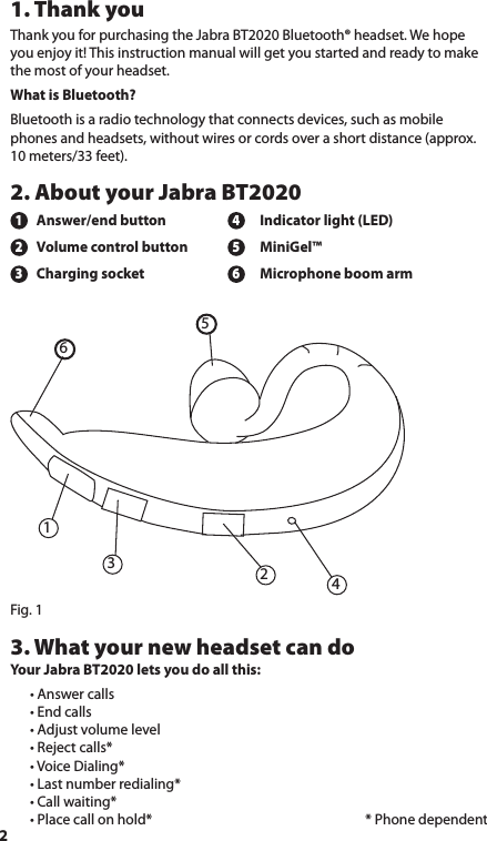 21. Thank youThank you for purchasing the Jabra BT2020 Bluetooth® headset. We hope you enjoy it! This instruction manual will get you started and ready to make the most of your headset.What is Bluetooth?Bluetooth is a radio technology that connects devices, such as mobile phones and headsets, without wires or cords over a short distance (approx. 10 meters/33 feet).2. About your Jabra BT20201  Answer/end button    4  Indicator light (LED)2  Volume control button   5  MiniGel™3  Charging socket   6 Microphone boom arm     231564Fig. 13. What your new headset can doYour Jabra BT2020 lets you do all this:  • Answer calls   • End calls   • Adjust volume level   • Reject calls*   • Voice Dialing*   • Last number redialing*   • Call waiting*   • Place call on hold*             * Phone dependent