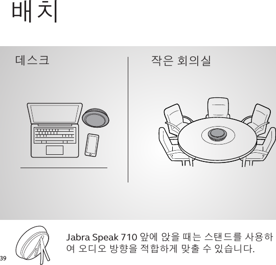 39배치데스크 작은 회의실Jabra Speak 710 앞에 앉을 때는 스탠드를 사용하여 오디오 방향을 적합하게 맞출 수 있습니다.