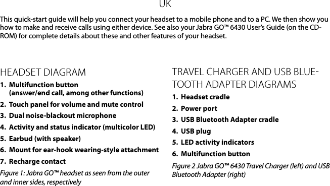 UKHeadset diagram1.  Multifunction button    (answer/end call, among other functions)2.  Touch panel for volume and mute control 3.  Dual noise-blackout microphone4.  Activity and status indicator (multicolor LED)5.  Earbud (with speaker)6.  Mount for ear-hook wearing-style attachment7.  Recharge contactFigure 1: Jabra GO™ headset as seen from the outer and inner sides, respectivelytravel CHarger and Usb blUe-tOOtH adaPter diagrams1.  Headset cradle2.  Power port3.  USB Bluetooth Adapter cradle4.  USB plug5.  LED activity indicators 6.  Multifunction buttonFigure 2 Jabra GO™ 6430 Travel Charger (left) and USB Bluetooth Adapter (right)This quick-start guide will help you connect your headset to a mobile phone and to a PC. We then show you how to make and receive calls using either device. See also your Jabra GO™ 6430 User’s Guide (on the CD-ROM) for complete details about these and other features of your headset.