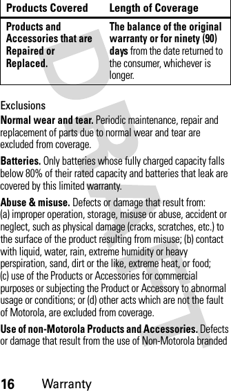 16WarrantyExclusionsNormal wear and tear. Periodic maintenance, repair and replacement of parts due to normal wear and tear are excluded from coverage.Batteries. Only batteries whose fully charged capacity falls below 80% of their rated capacity and batteries that leak are covered by this limited warranty.Abuse &amp; misuse. Defects or damage that result from: (a) improper operation, storage, misuse or abuse, accident or neglect, such as physical damage (cracks, scratches, etc.) to the surface of the product resulting from misuse; (b) contact with liquid, water, rain, extreme humidity or heavy perspiration, sand, dirt or the like, extreme heat, or food; (c) use of the Products or Accessories for commercial purposes or subjecting the Product or Accessory to abnormal usage or conditions; or (d) other acts which are not the fault of Motorola, are excluded from coverage.Use of non-Motorola Products and Accessories. Defects or damage that result from the use of Non-Motorola branded Products and Accessories that are Repaired or Replaced.The balance of the original warranty or for ninety (90) days from the date returned to the consumer, whichever is longer.Products Covered Length of Coverage