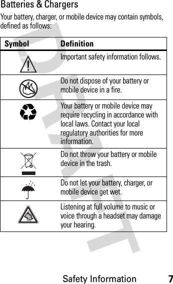 Safety Information7Batteries &amp; ChargersYour battery, charger, or mobile device may contain symbols, defined as follows:Symbol DefinitionImportant safety information follows.Do not dispose of your battery or mobile device in a fire.Your battery or mobile device may require recycling in accordance with local laws. Contact your local regulatory authorities for more information.Do not throw your battery or mobile device in the trash.Do not let your battery, charger, or mobile device get wet.Listening at full volume to music or voice through a headset may damage your hearing.032374o032376o032375o
