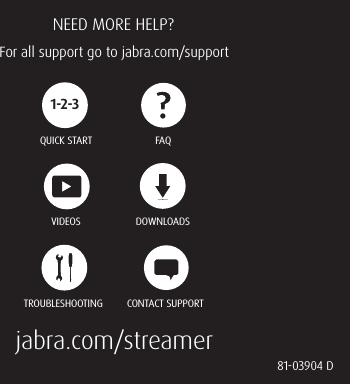  81-03904 D NEED MORE HELP?For all support go to jabra.com/supportQUICK STARTDOWNLOADSCONTACT SUPPORTTROUBLESHOOTINGFAQVIDEOSjabra.com/streamer1-2-3