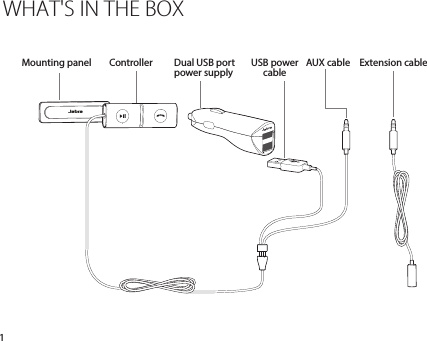 jabrajabra1WHAT&apos;S IN THE BOXMounting panel AUX cable Extension cableController Dual USB port  power supply USB power  cable