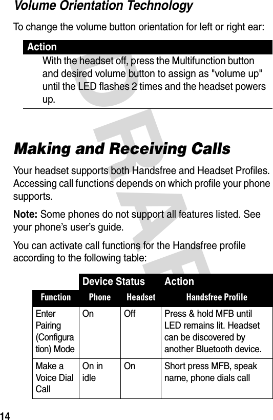 DRAFT 14Volume Orientation TechnologyTo change the volume button orientation for left or right ear:Making and Receiving CallsYour headset supports both Handsfree and Headset Profiles. Accessing call functions depends on which profile your phone supports. Note: Some phones do not support all features listed. See your phone’s user’s guide.You can activate call functions for the Handsfree profile according to the following table:ActionWith the headset off, press the Multifunction button E and desired volume button to assign as &quot;volume up&quot; until the LED flashes 2 times and the headset powers up. Device Status ActionFunction Phone Headset Handsfree ProfileEnter Pairing (Configuration) ModeOn Off  Press &amp; hold MFB until LED remains lit. Headset can be discovered by another Bluetooth device.Make a Voice Dial CallOn in idleOn Short press MFB, speak name, phone dials call