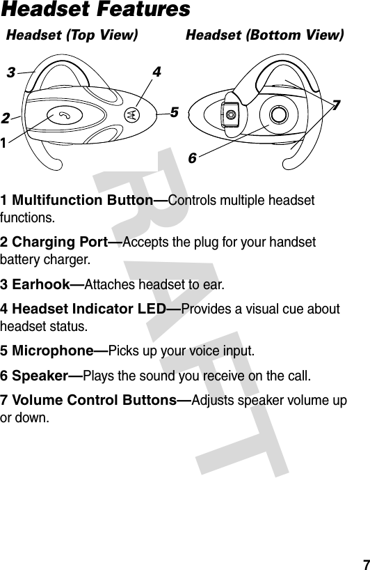 DRAFT 7Headset Features1 Multifunction Button—Controls multiple headset functions.2 Charging Port—Accepts the plug for your handset battery charger.3 Earhook—Attaches headset to ear.4 Headset Indicator LED—Provides a visual cue about headset status.5 Microphone—Picks up your voice input.6 Speaker—Plays the sound you receive on the call.7 Volume Control Buttons—Adjusts speaker volume up or down.31Headset (Top View)26Headset (Bottom View)457