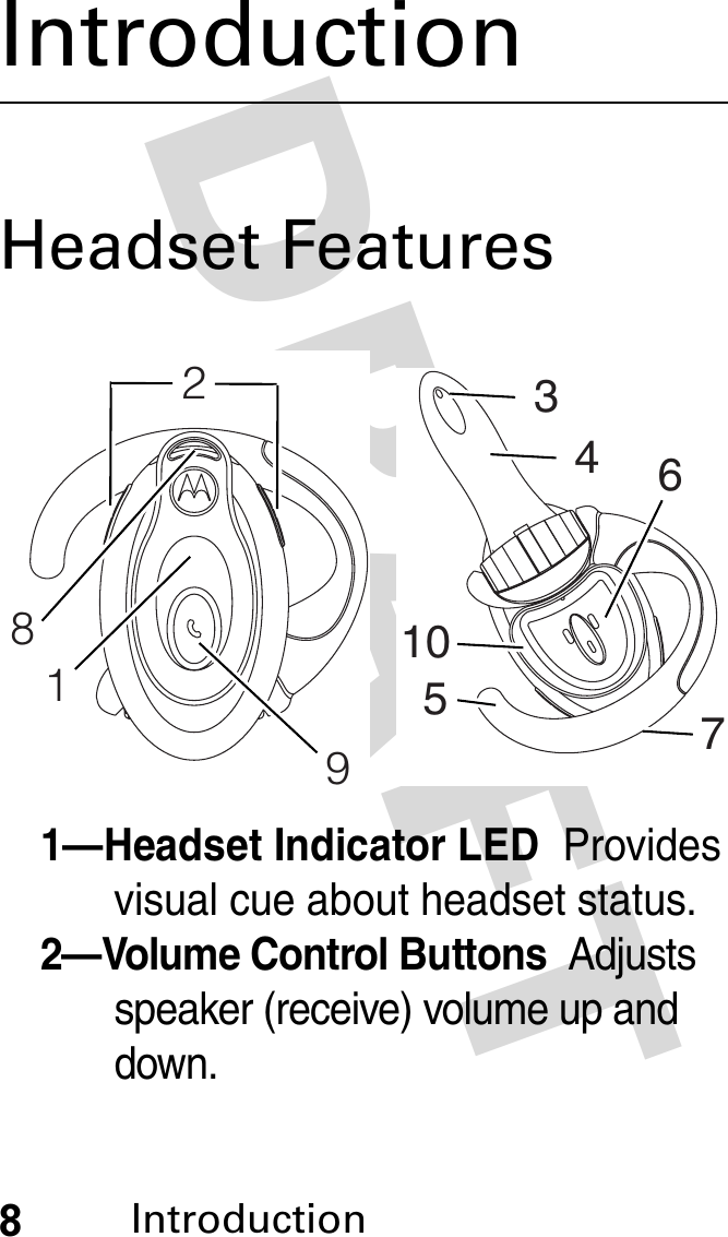 DRAFT 8IntroductionIntroductionHeadset Features1—Headset Indicator LED  Provides visual cue about headset status.2—Volume Control Buttons  Adjusts speaker (receive) volume up and down.91823107546