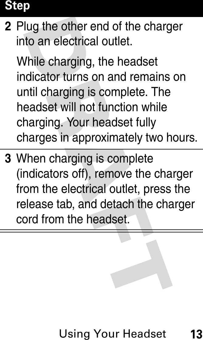 DRAFT Using Your Headset132Plug the other end of the charger into an electrical outlet.While charging, the headset indicator turns on and remains on until charging is complete. The headset will not function while charging. Your headset fully charges in approximately two hours.3When charging is complete (indicators off), remove the charger from the electrical outlet, press the release tab, and detach the charger cord from the headset.Step